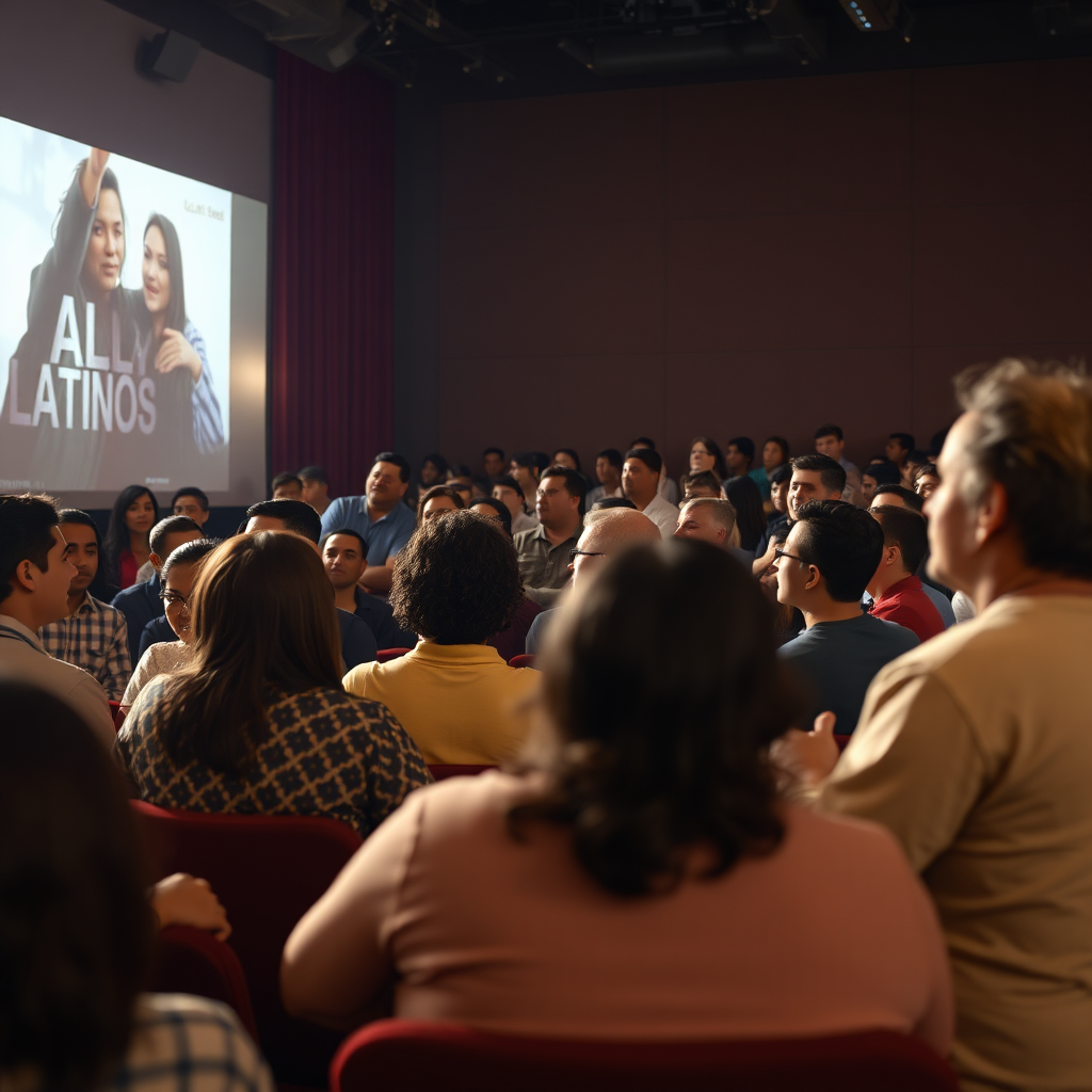Depict a community screening of a Latino film, with diverse audience members engaging in a Q&A session with the filmmakers. The atmosphere should be interactive and supportive. The lighting should be warm and inviting, emphasizing community engagement. Render in 4K.