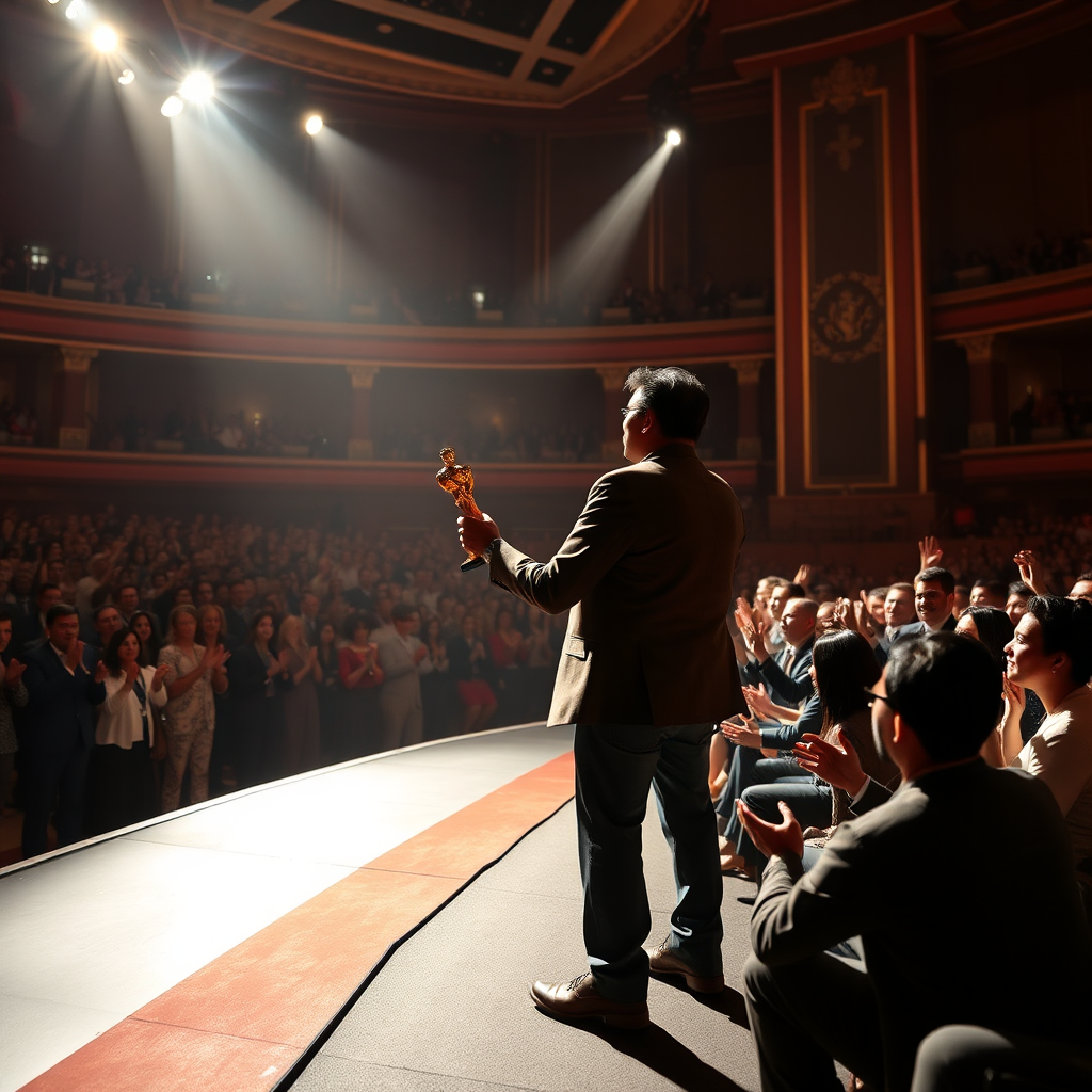 Depict a Latino filmmaker accepting an award on a grand stage, bathed in bright spotlights. The audience is diverse and applauding enthusiastically. The atmosphere should be celebratory and empowering. Render in 4K, focusing on the emotional impact of the moment.