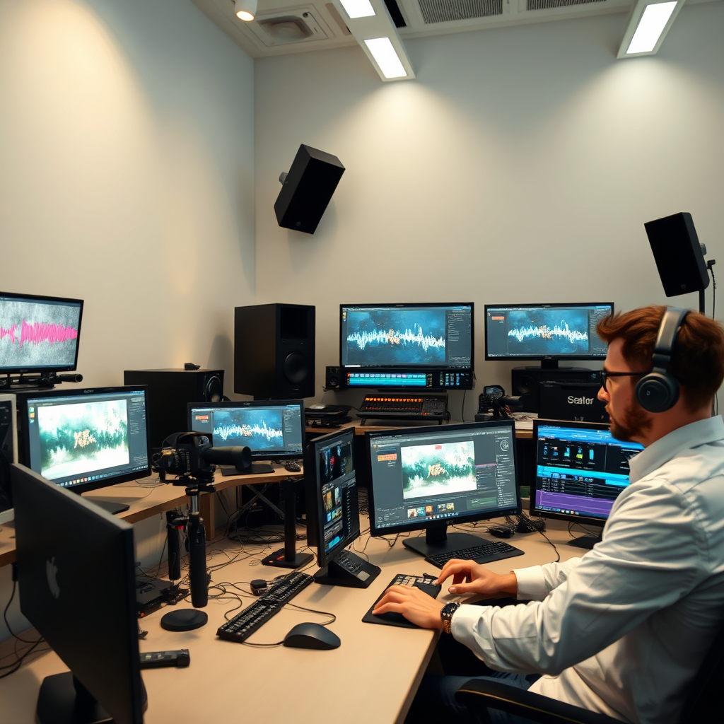 Depict a modern post-production studio with editors working on advanced editing software, sound designers manipulating audio waves, and colorists adjusting color palettes. The environment should be clean and professional, with a focus on technology and precision. The lighting should be soft and diffused, minimizing glare on computer screens. Render in 4K.
