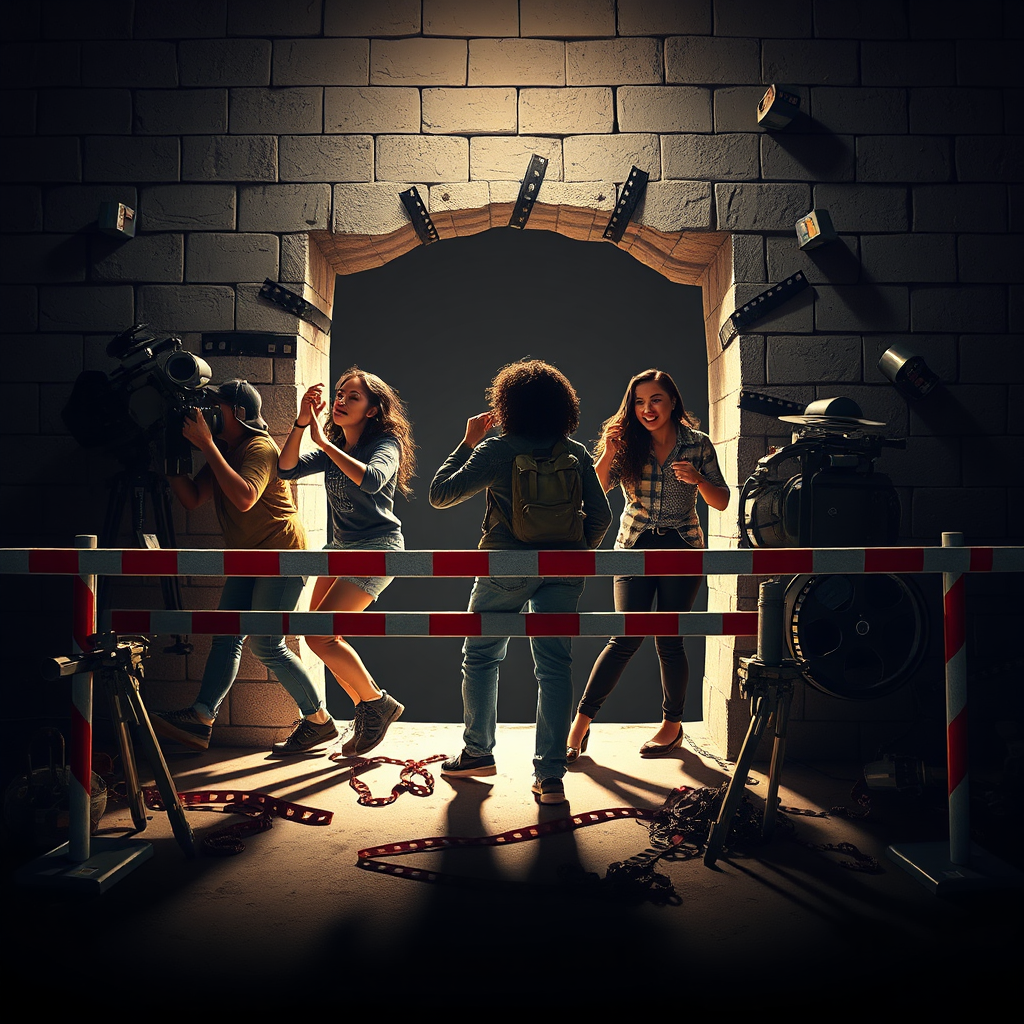 Depict a symbolic representation of breaking barriers. Visualize diverse Latino filmmakers pushing through a wall made of film reels and obstacles, representing challenges in the industry. The lighting is dramatic, with strong contrast, highlighting their determination. Render in 4K, using a semi-realistic, stylized approach.