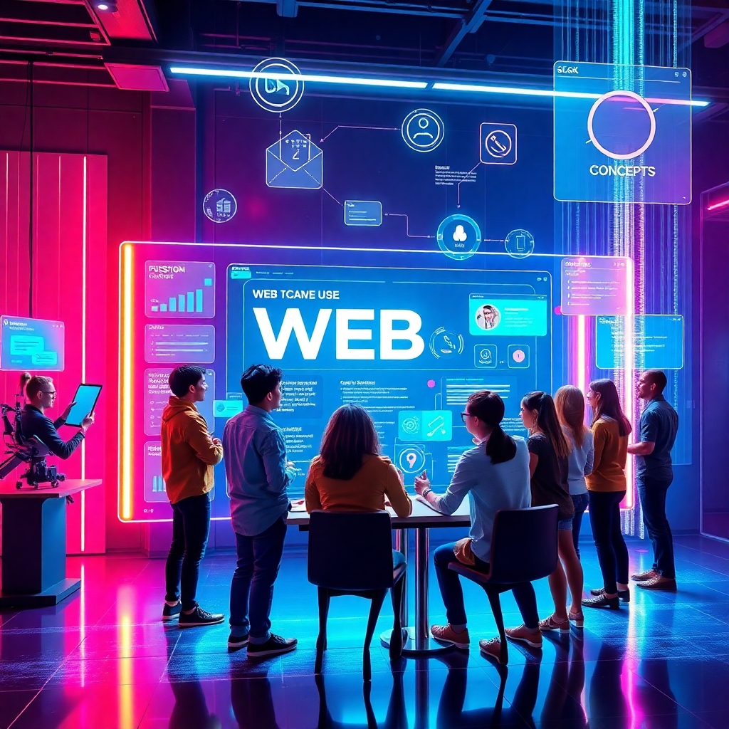 Design a compelling image illustrating the future of web design, featuring a digital touchscreen displaying futuristic web concepts. A diverse team is engaged in animated discussion, surrounded by holographic displays and floating task lists, evoking a sense of innovation and collaboration. Vibrant colors and dynamic lighting should complement the tech-forward theme, ensuring the image captures the essence of futuristic web design in a stunning visual.