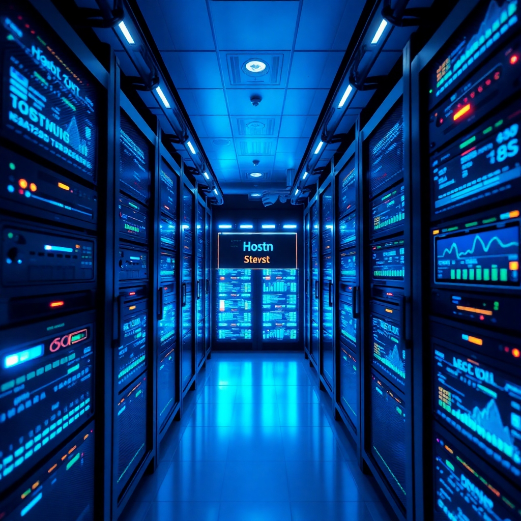 Develop a photorealistic depiction of a server room filled with modern hosting equipment, highlighting the technology that ensures website performance. Soft, illuminated blue lights create a professional atmosphere, showcasing the complexity and reliability of hosting solutions. Include details like blinking server lights and performance graphs on screens, establishing a sense of trust and security in your website's backbone, framed in ultra-high resolution.