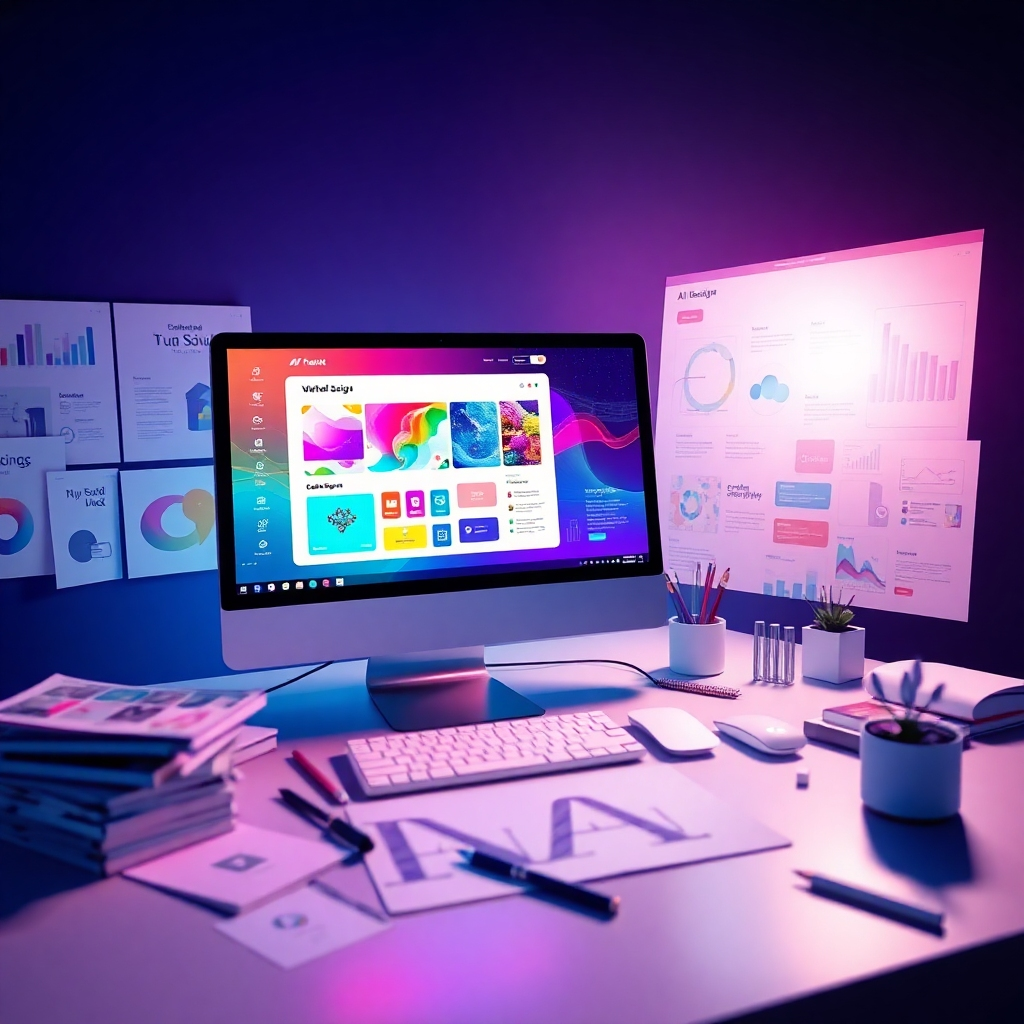 Envisage a stylized image showcasing the integration of AI in web design. A computer screen displays a colorful AI interface creating a website in real-time. Surround the workspace with design sketches, typography samples, and branding elements. Bright, futuristic lighting highlights the innovative aspects while offering a sense of motion, showing evolution in web development. The camera angle is slightly above, capturing the essence of creativity mixed with technology, ideally suitable for a vibrant visual representation.