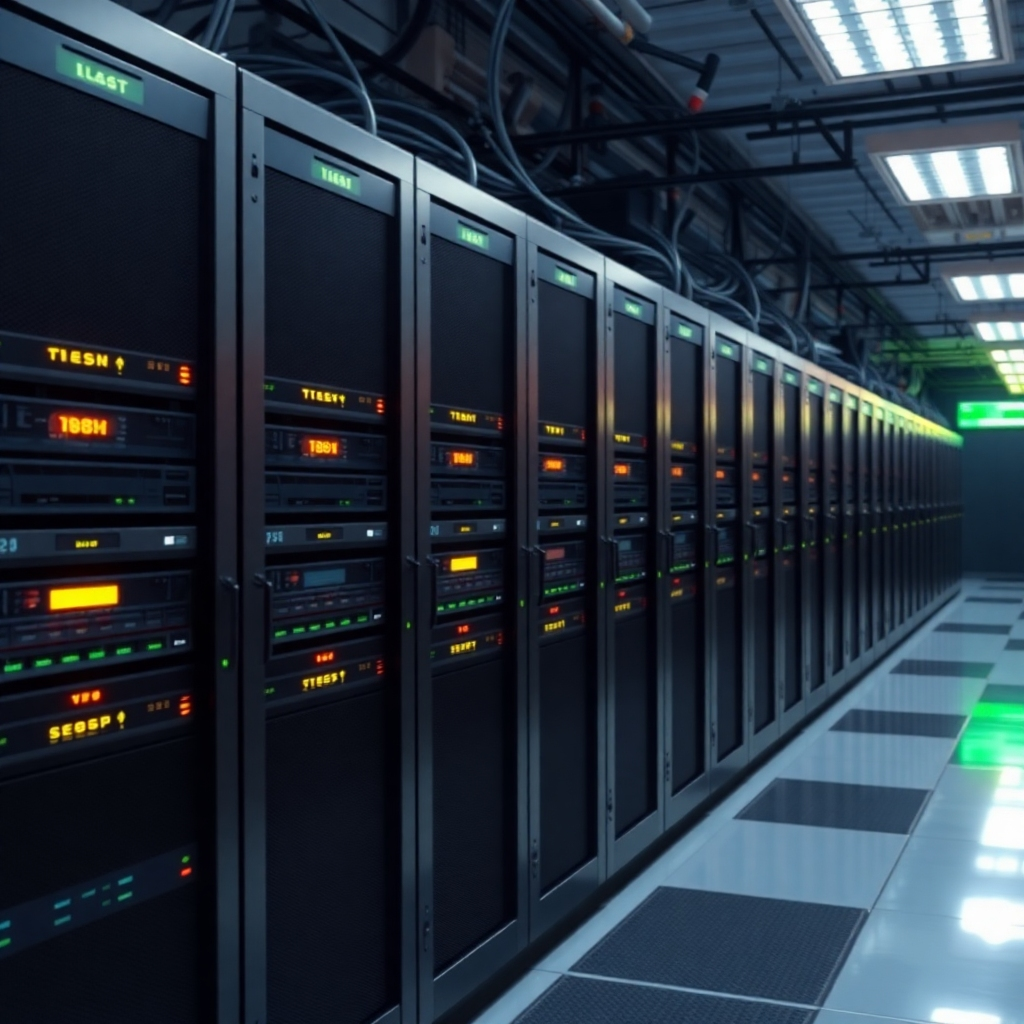 Envision an image of an organized server room filled with powerful servers, equipped with state-of-the-art tech features symbolizing reliability. The environment is brightly lit and enhanced with glowing indicators of performance and safety. This composition effectively communicates trust in WordPress hosting, bringing a sense of assurance and quality in a clear visual format.