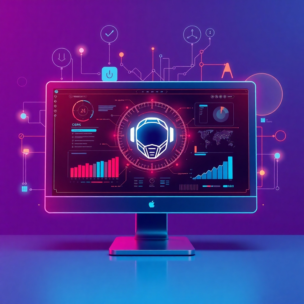 Illustrate a futuristic interface of an AI web builder taking center stage on a computer monitor. Surrounding elements like graphs and design elements create a visual narrative of efficiency and smart technology. Bright, engaging colors should enhance the high-tech ambiance, evoking creativity and innovation in web design development.