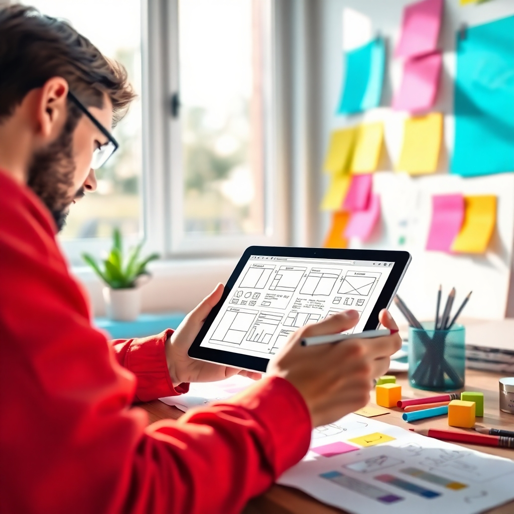 Imagine a stylized image of a designer sketching wireframes on a digital tablet, surrounded by colorful post-it notes and brainstorming materials. A bright window shines natural light into the workspace, symbolizing clarity and inspiration. The vibrant color palette should evoke creativity and innovation, with close-ups on the tablet showcasing detailed sketches. The setting radiates the transition from concept to creation in a vibrant, high-quality depiction.