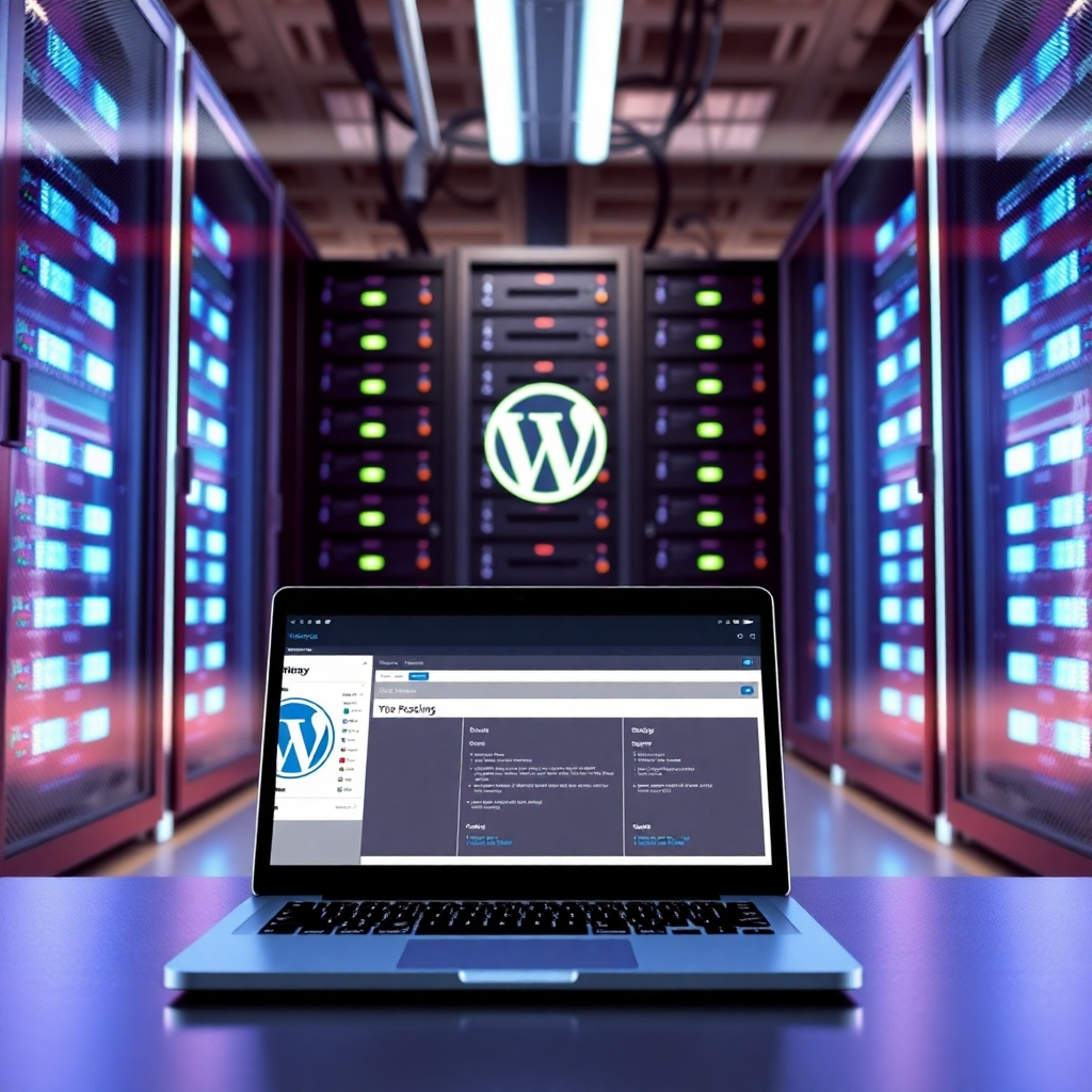 Produce a photorealistic image that illustrates WordPress hosting power. Show a server room filled with racks of high-tech servers illuminated with soft blue lighting, depicting reliability and power. In front, a laptop runs a WordPress dashboard, symbolizing user-friendliness. This composition conveys strength and stability, capturing the essence of hosting services in a vibrant, high-resolution manner.
