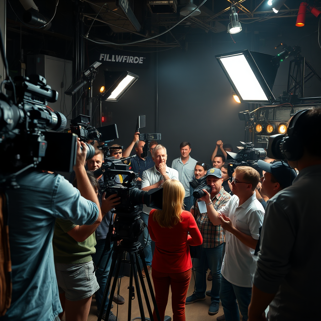 Visualize a bustling film set with various crew members actively involved in different stages of production: camera operators, sound technicians, lighting specialists, and actors performing. The scene should be energetic and dynamic, showcasing the collaborative nature of filmmaking. The lighting should be bright and professional, emphasizing the technical aspects of film production. Render in 4K.