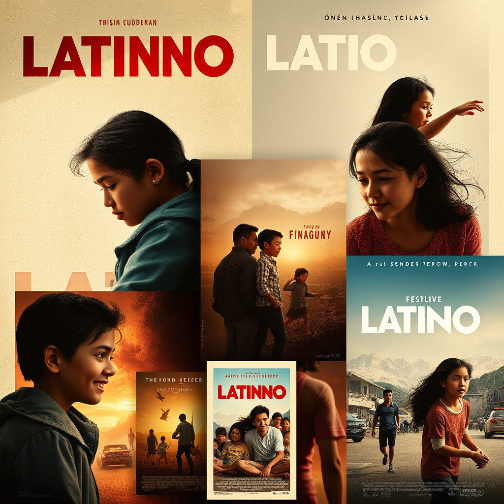 Visualize a collection of diverse, evocative film posters representing various aspects of the Latino experience: family, immigration, celebration, struggle. The posters should be artistically rendered and visually compelling. Lighting should highlight the cultural richness and emotional depth of the stories. Render in 4K.