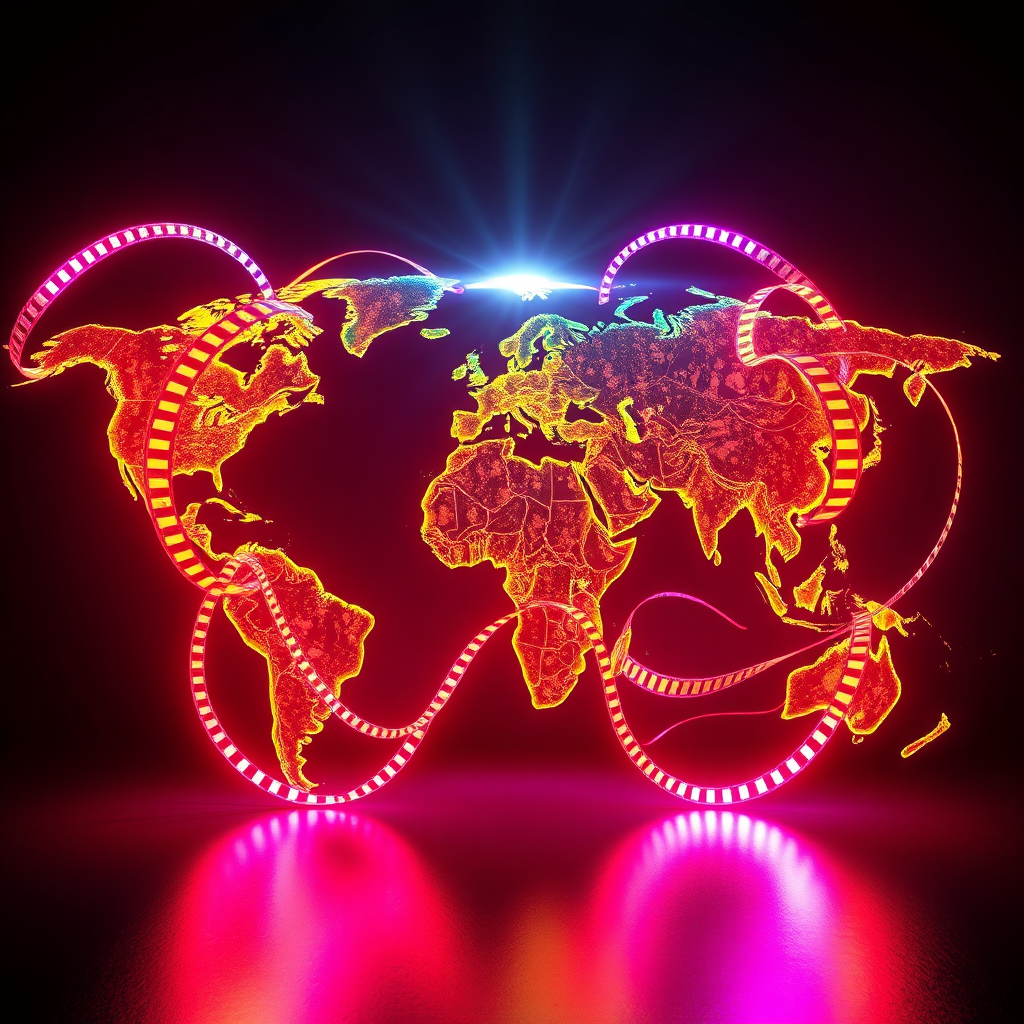Visualize a global map with film reels spreading outward from a central point, representing the distribution of Latino films to a worldwide audience. The map should be illuminated with vibrant colors, symbolizing the reach and impact of the films. The lighting should be dynamic and eye-catching, emphasizing the marketing aspects of film distribution. Render in 4K.