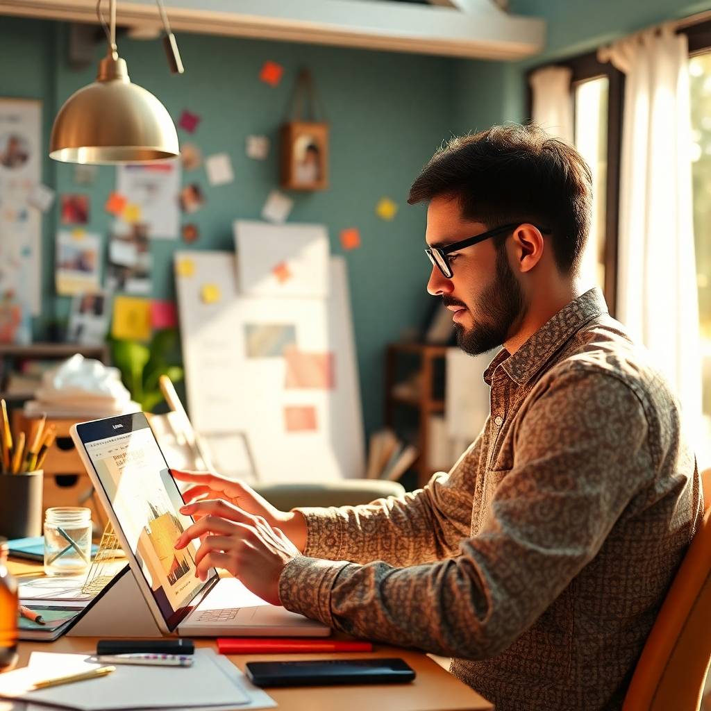 Visualize a photorealistic image of a designer utilizing an AI web builder on a modern touchscreen device. The scene is energetic, with an array of creative elements scattered around, indicating brainstorming and inspiration. Bright natural light filters through, evoking a sense of innovation and forward thinking. The focus should be on the collaboration between designer and AI in shaping beautiful websites, composed in ultra-high resolution.