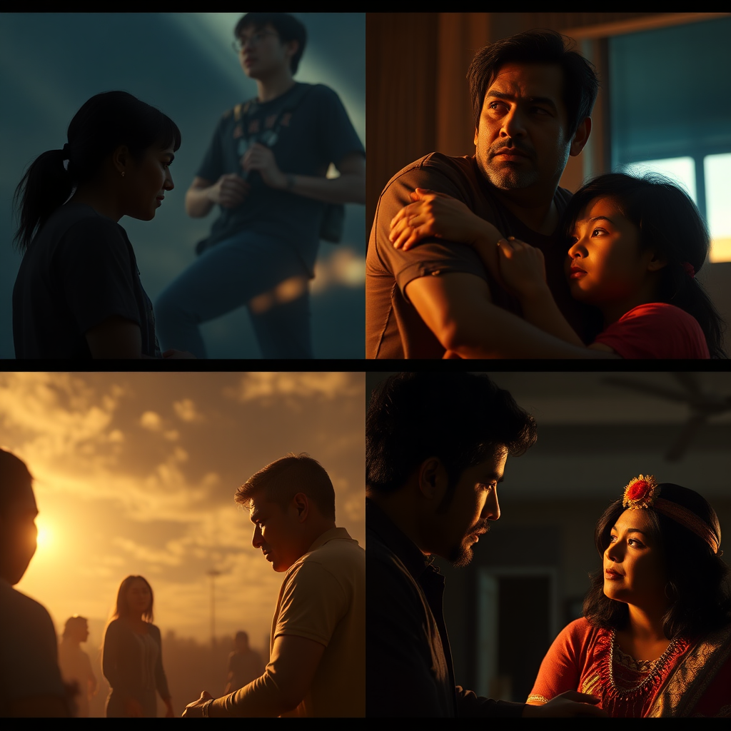 Visualize a series of inspiring film scenes, each representing a different aspect of the Latino experience: resilience, hope, family, cultural pride. The scenes should be visually compelling and emotionally resonant. The lighting should be uplifting and optimistic. Render in 4K.