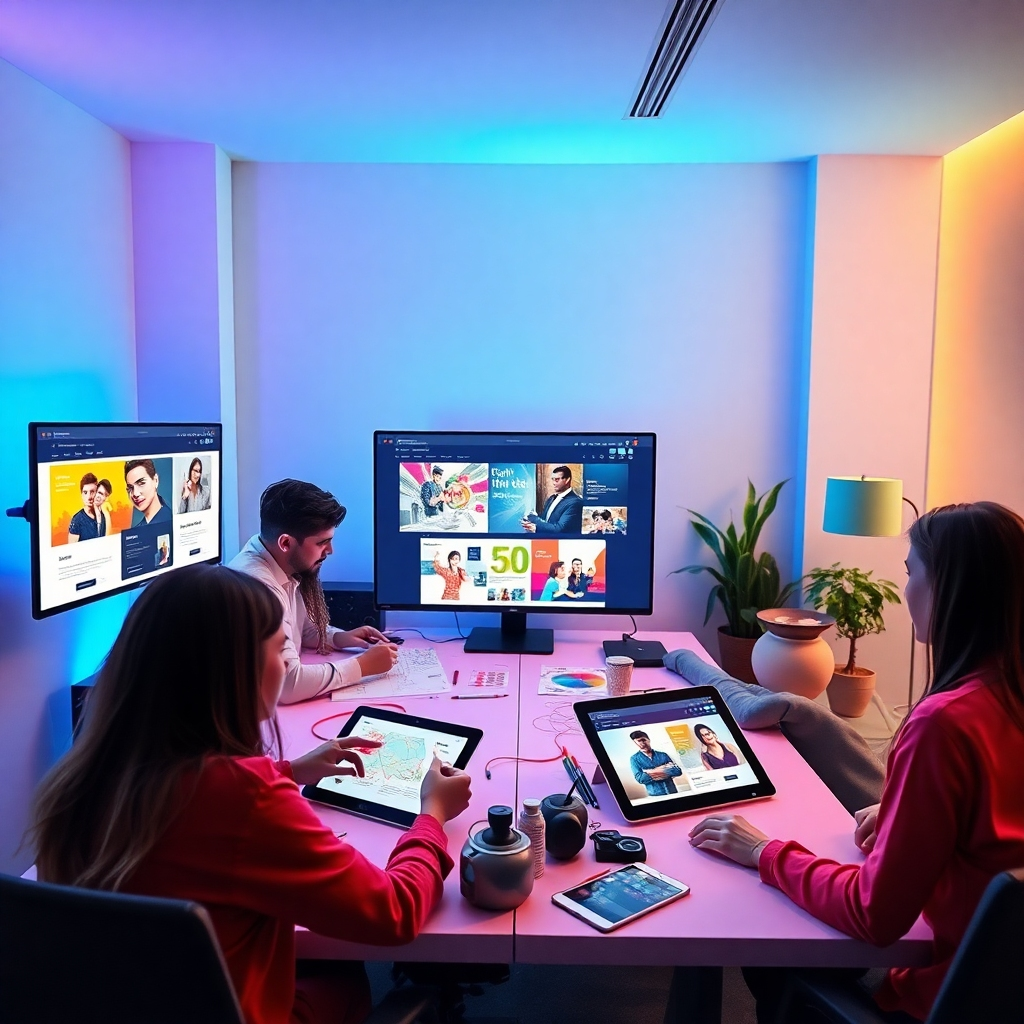 Visualize a sleek, modern workspace where a creative team collaborates on web designs. The focus is on vibrant sketches, digital screens displaying beautiful website layouts, and interactive tablets. Soft ambient lighting adds an inviting touch, while the color scheme showcases the creativity and energy of the web design process, perfect for a vivid visual representation.