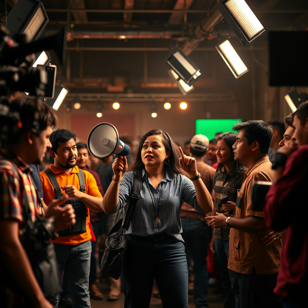 Visualize a vibrant, dynamic film set filled with predominantly Latino crew members working passionately. A Latina director is giving instructions while holding a megaphone. The environment is energetic and collaborative, capturing the essence of creative empowerment. Lighting should be cinematic and dramatic. Style should be modern and representative of a professional film production. Render in 4K.