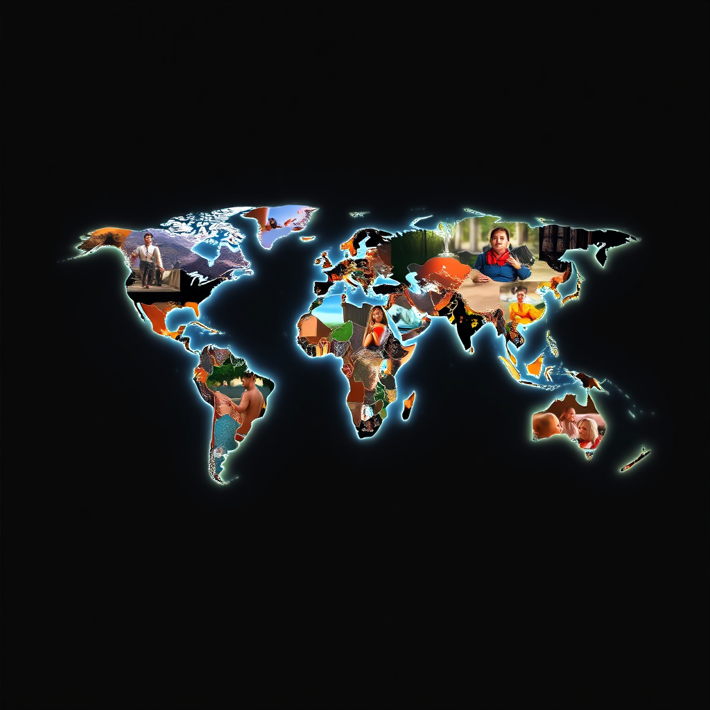 Visualize a world map illuminated with various scenes from Latino films projected onto its surface. The scenes should represent diverse cultures and stories from across the Latino world. The lighting should be vibrant and dynamic, symbolizing global reach. Render in 4K, with a focus on visual storytelling.