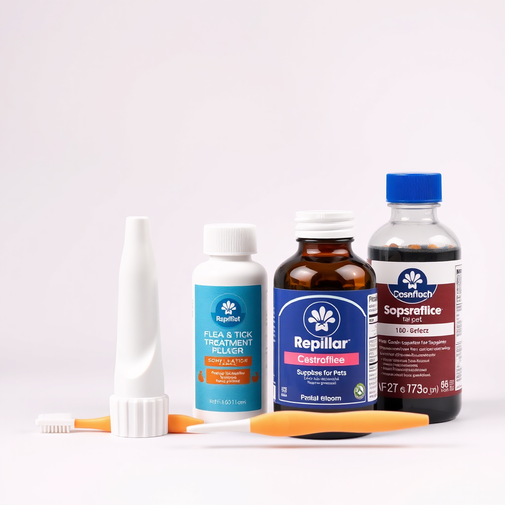 A clean and informative image depicting essential pet healthcare products, such as a flea and tick treatment applicator, a toothbrush and toothpaste designed for pets, and a supplement bottle. Focus on clear product labeling and the feeling of trustworthiness. Background is a soft, clean color gradient. The lighting is diffused and even, with a slight highlight on the product names. Style: pharmaceutical, clean, trustworthy. Specs: 4K Resolution.