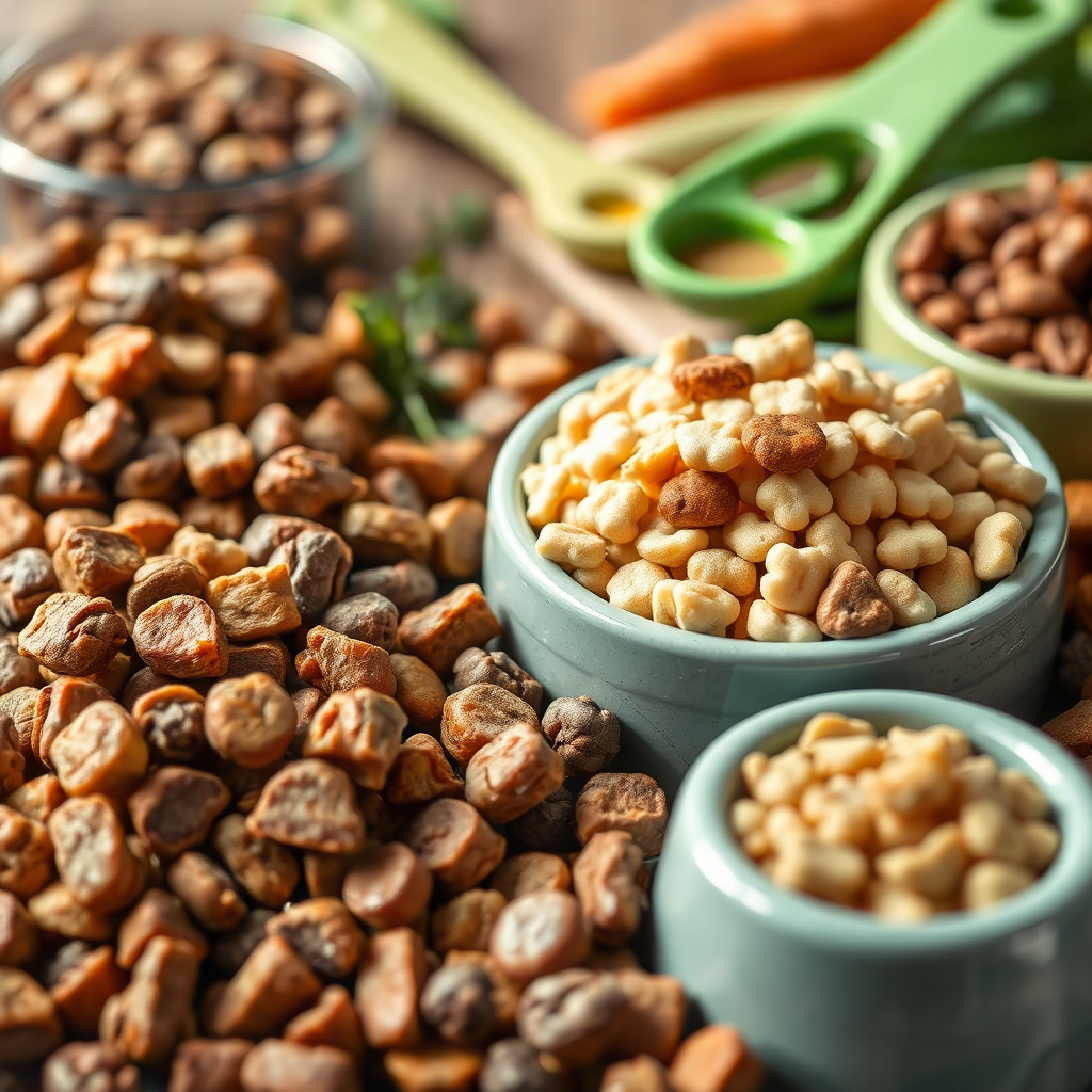  A close-up, photorealistic image of various pet food options (kibble, wet food, treats) arranged in an appealing manner. The focus should be on the textures and ingredients, highlighting the nutritional value of each item. The color palette should be vibrant and natural, showcasing the freshness of the food. The lighting should be bright and even, emphasizing the details. Background elements include subtle hints of natural ingredients, such as vegetables or grains. Style: Clean, professional food photography. Props: measuring cups, feeding bowls. Technical specs: 4K resolution, macro lens, studio lighting.
