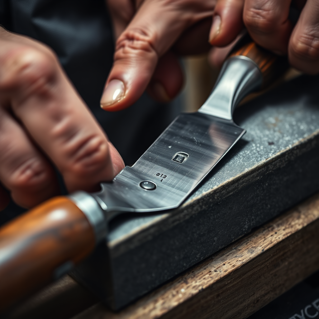 A close-up, photorealistic image of a craftsman meticulously sharpening a chisel on a whetstone. Focus on the precision and technique involved in the sharpening process. Lighting should be focused and directional to highlight the blade and the whetstone. Color palette: metallic tones with contrasting wood handles and the texture of the whetstone. Camera angle: a close-up shot emphasizing the hands and the sharpening process. Style: detailed and instructional, demonstrating the importance of sharp tools.