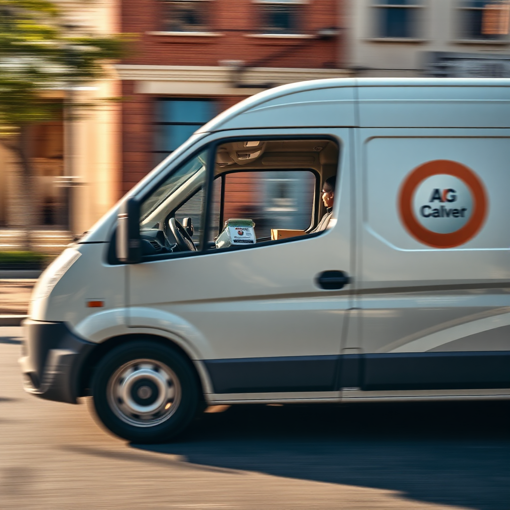 A delivery van with the company logo on its side, speeding along a sunny street. A package is prominently displayed in the front seat. Focus is on speed, efficiency, and convenience. Resolution: 4k