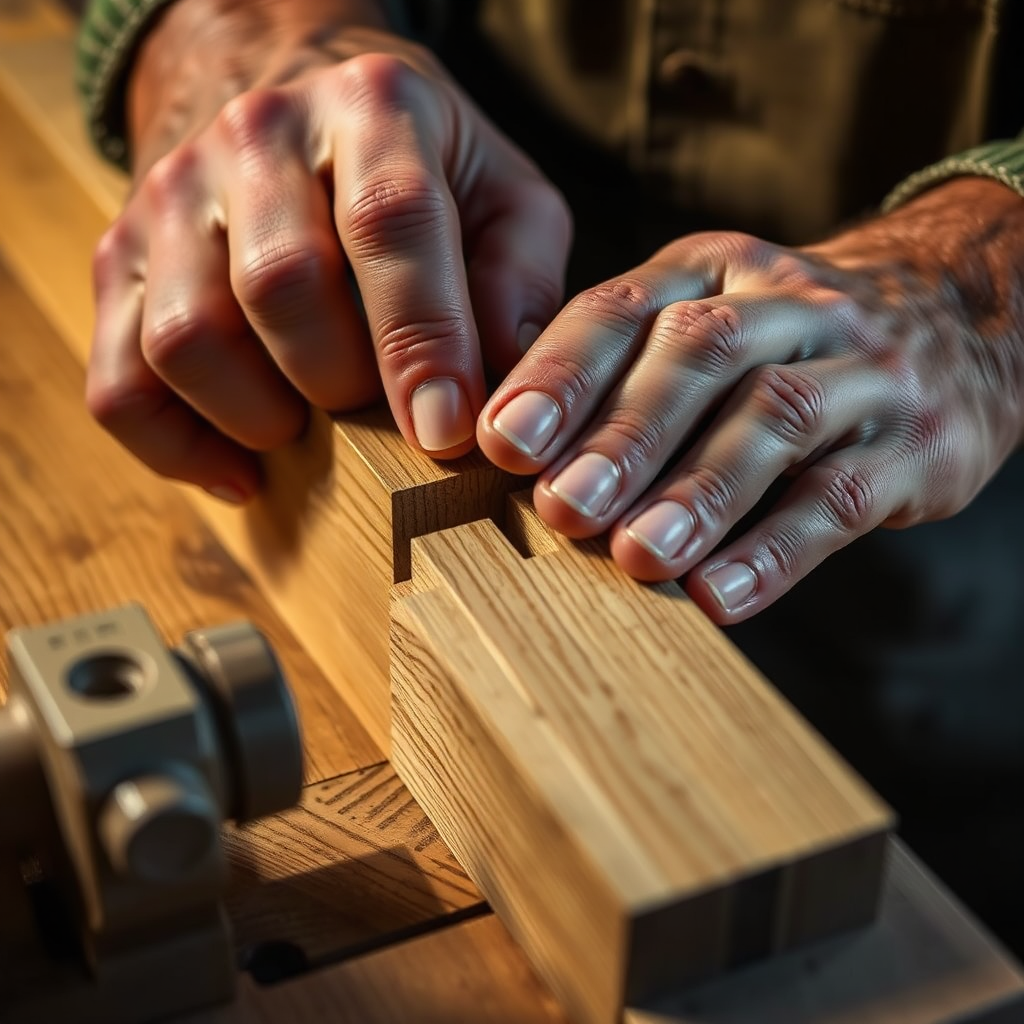  A detailed, photorealistic image showcasing a craftsman meticulously creating a dovetail joint. Focus on the precision and accuracy of the cuts and the tight fit of the joint. Lighting should be focused and directional to highlight the three-dimensional aspect. Color palette: natural wood tones with contrasting shadows. Camera angle: a close-up shot emphasizing the hands and the joint. Style: classic and instructional, demonstrating the artistry and skill involved in traditional woodworking.
