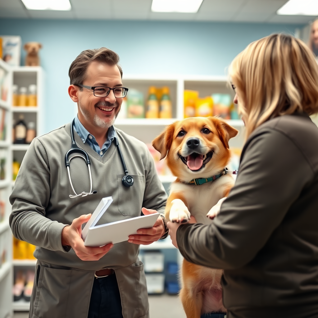 A friendly pet expert providing advice to a pet owner. The expert is smiling. The pet owner is holding their pet, a happy dog, and they're all in a well-lit consultation room, with shelves of pet products. Resolution: 4k.