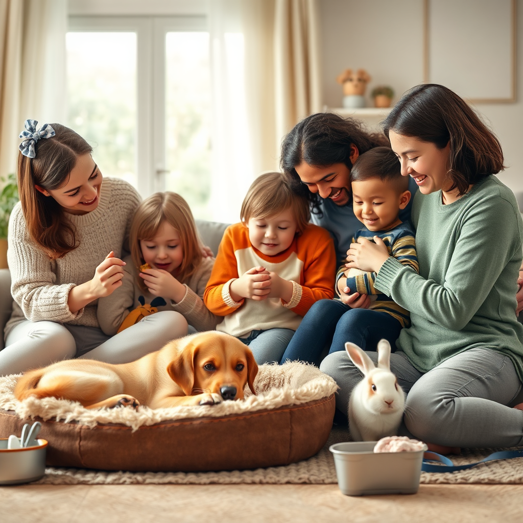A heartwarming, photorealistic image featuring a diverse group of people (adults, children) interacting lovingly with their pets (dog, cat, rabbit). The setting is a bright and welcoming home environment, emphasizing comfort and connection. The pets are shown enjoying various products, such as a dog playing with a toy, a cat napping on a plush bed, and a child petting a rabbit. The composition should be balanced and natural, with soft, diffused lighting to create a sense of warmth and intimacy. The color palette should be calming and inviting, with earth tones and pops of color from pet accessories. The camera angle should be a medium shot, capturing the emotional connection between pets and their owners. Style: Realistic portraiture with an emphasis on genuine affection. Props: pet beds, toys, food bowls, leashes. Technical specs: 4K resolution, high-quality rendering, natural lighting.