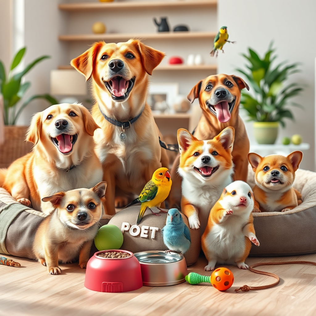 A hyperrealistic, vibrant hero image depicting a diverse array of pets (dog, cat, bird, hamster) happily interacting with various pet products. The pets are healthy, well-groomed and active. The composition should be bright and airy, using natural lighting to highlight the textures of the pet fur, feathers, and product materials (soft plush, shiny metal, durable plastic). Color palette should be warm and inviting, with pops of color from toys and accessories. The camera angle should be a slightly elevated medium shot, capturing the pets' playful expressions and the overall sense of joy and well-being. Background elements include a modern, pet-friendly home environment with subtle hints of greenery. Style: Clean, contemporary photography with a focus on positive emotions. Props: pet beds, toys, food bowls, leashes, grooming tools. Technical specs: 8K resolution, hyperrealistic rendering, professional studio lighting.