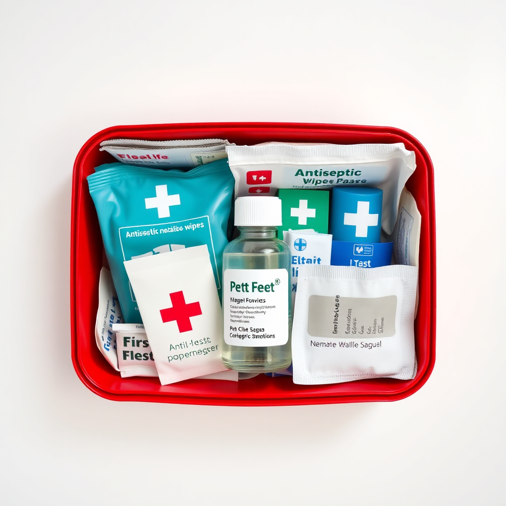 A neatly organized pet first aid kit. Inside, bandages, antiseptic wipes, gauze pads, and a small bottle of antiseptic solution. The kit itself is a sturdy, compact container. The background is a clean, white surface. The lighting is bright and clinical, with a focus on clarity and safety. Style: medical, safety-conscious, informative. Specs: 4K resolution.