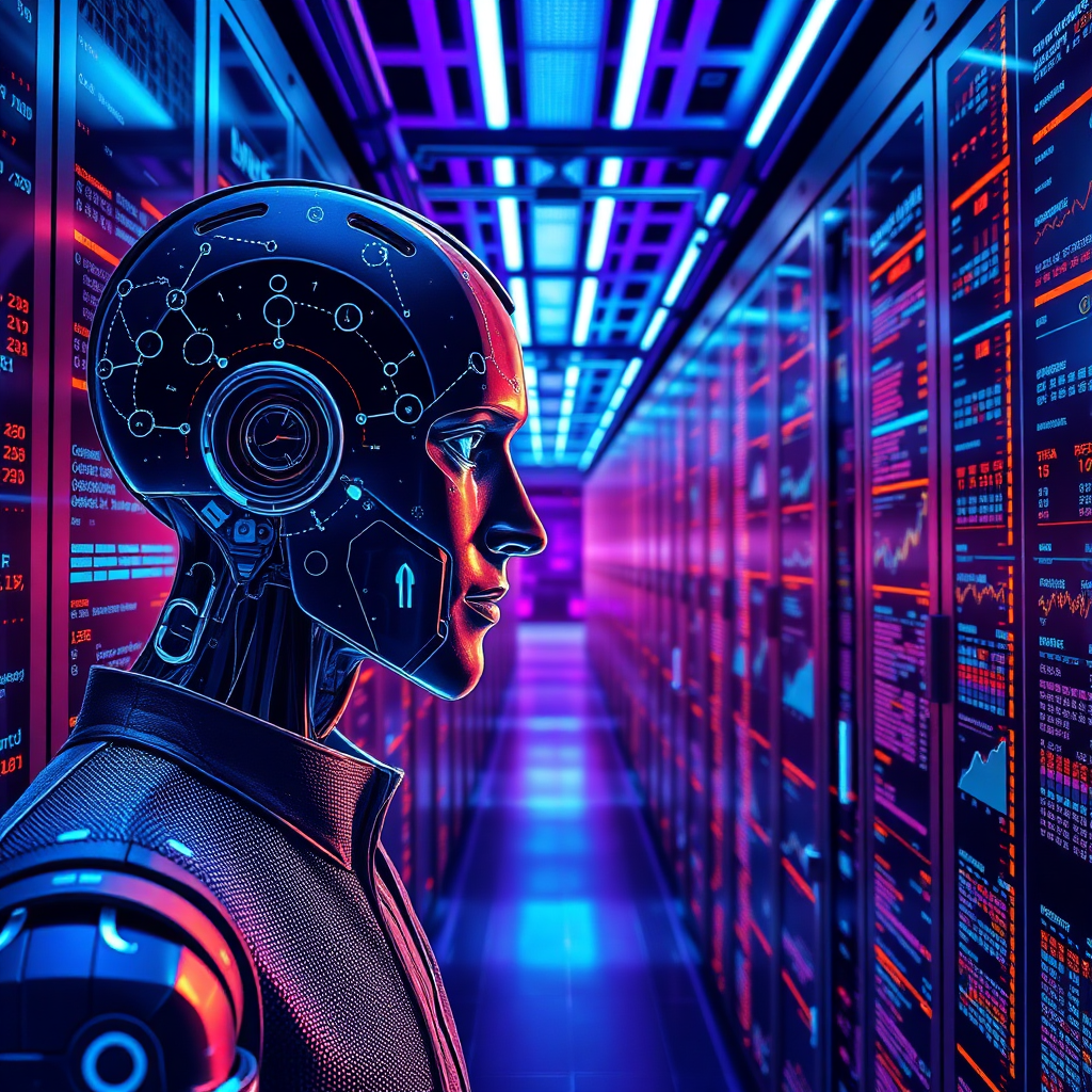 A photorealistic image capturing AI analyzing and forecasting future marketing trends. The setting is a high-tech data center with complex algorithms visualized in real-time. The lighting is futuristic and dynamic, dominated by blues and purples. Predictive analytics tools are predicting customer behavior and market demands. Technical specifications: 4K resolution, high quality.