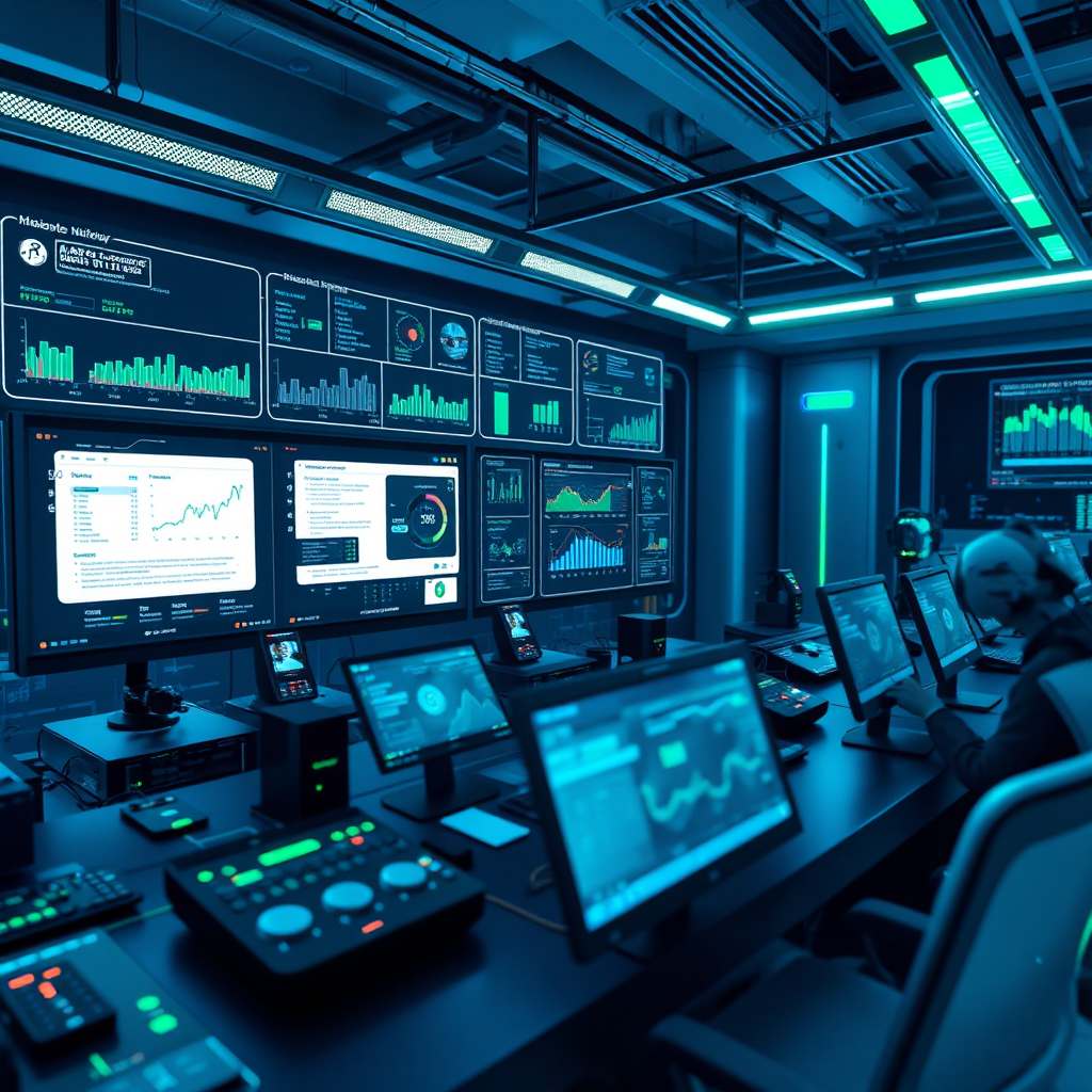  A photorealistic image depicting a marketing automation system in action. The scene features a control panel with automated workflows and real-time data tracking. The lighting is dynamic and futuristic, with a color palette dominated by blues and greens. The image is shot from a medium angle, capturing the control panel and the surrounding environment. Relevant props include computers, monitors, and data visualizations. Style references include science fiction and technology illustrations. Technical specs: 4K resolution, high quality rendering.
