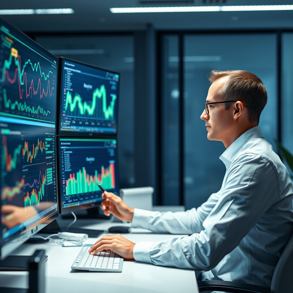  A photorealistic image depicting a data analyst using AI to uncover hidden insights in marketing data. The scene takes place in a modern office environment with multiple screens displaying complex data visualizations. The analyst is focused and engaged, using AI tools to identify key trends and opportunities. The lighting is soft and diffused, creating a sense of focus and concentration. The color palette is dominated by blues, greens, and whites. Shot from a medium angle, capturing the analyst and the data visualizations. Relevant props include computers, monitors, and data streams. Technical specs: 4K resolution, high quality rendering.