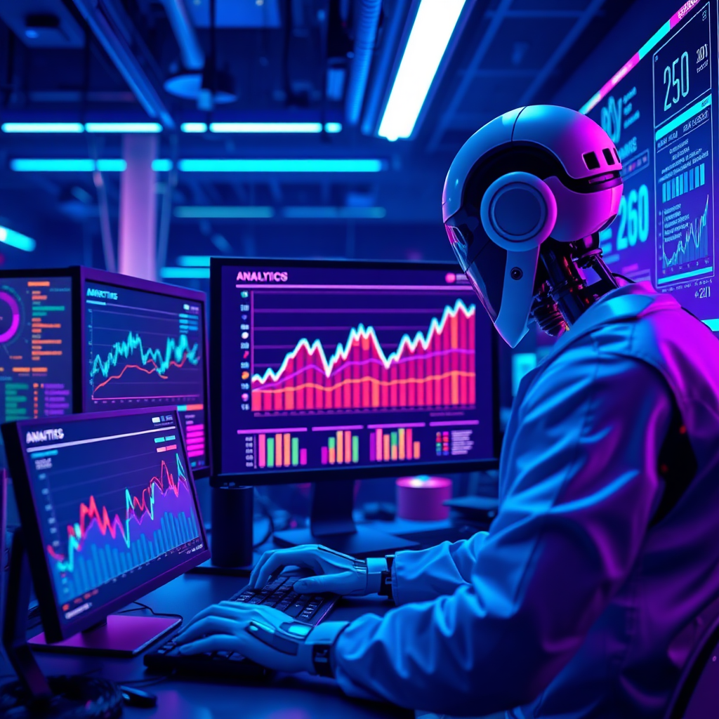 A photorealistic image depicting predictive analytics in action. The scene features an AI system analyzing data and forecasting future marketing trends. The lighting is futuristic and dynamic, with a color palette dominated by blues and purples. The image is shot from a medium angle, capturing the AI system and the data visualizations. Relevant props include computers, monitors, and data streams. Technical specs: 4K resolution, high quality rendering.