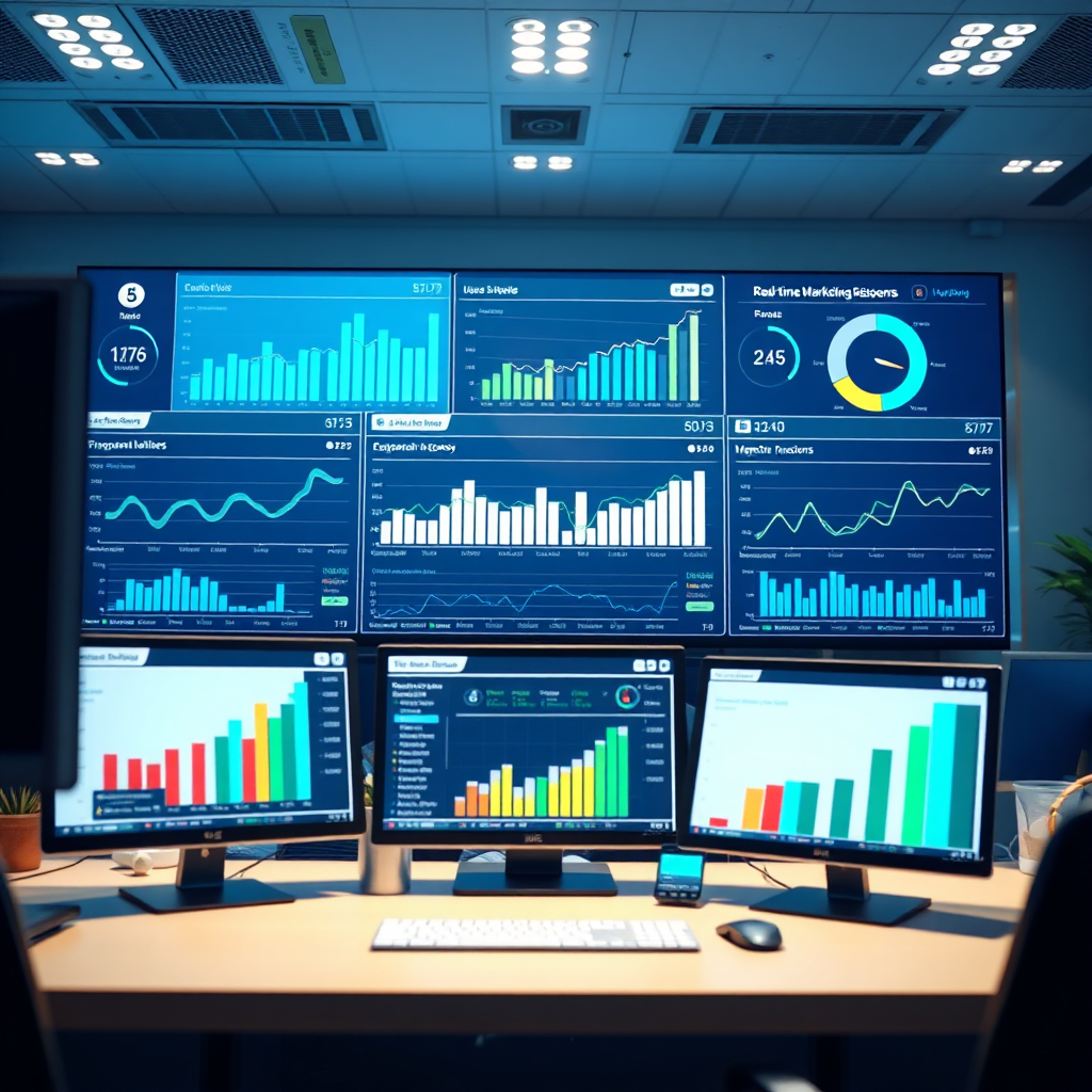 A photorealistic image depicting a real-time marketing dashboard. The scene features dynamic charts and graphs that track key performance indicators (KPIs). The lighting is bright and informative, creating a sense of transparency and accountability. The color palette is dominated by blues, greens, and whites. The image is shot from a medium angle, capturing the dashboard and the surrounding environment. Relevant props include computers, monitors, and data visualizations. Technical specs: 4K resolution, high quality rendering.