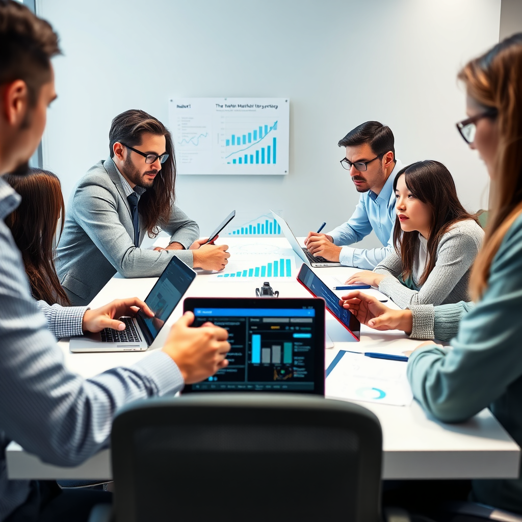 A photorealistic image depicting a strategic planning session. The scene features a group of marketing professionals collaborating around a table, using AI tools to analyze market trends and develop strategies. The lighting is bright and collaborative, creating a sense of teamwork and innovation. The color palette is dominated by blues, greens, and whites. Shot from a medium angle, capturing the participants and the planning process. Relevant props include laptops, tablets, and data visualizations. Technical specs: 4K resolution, high quality rendering.