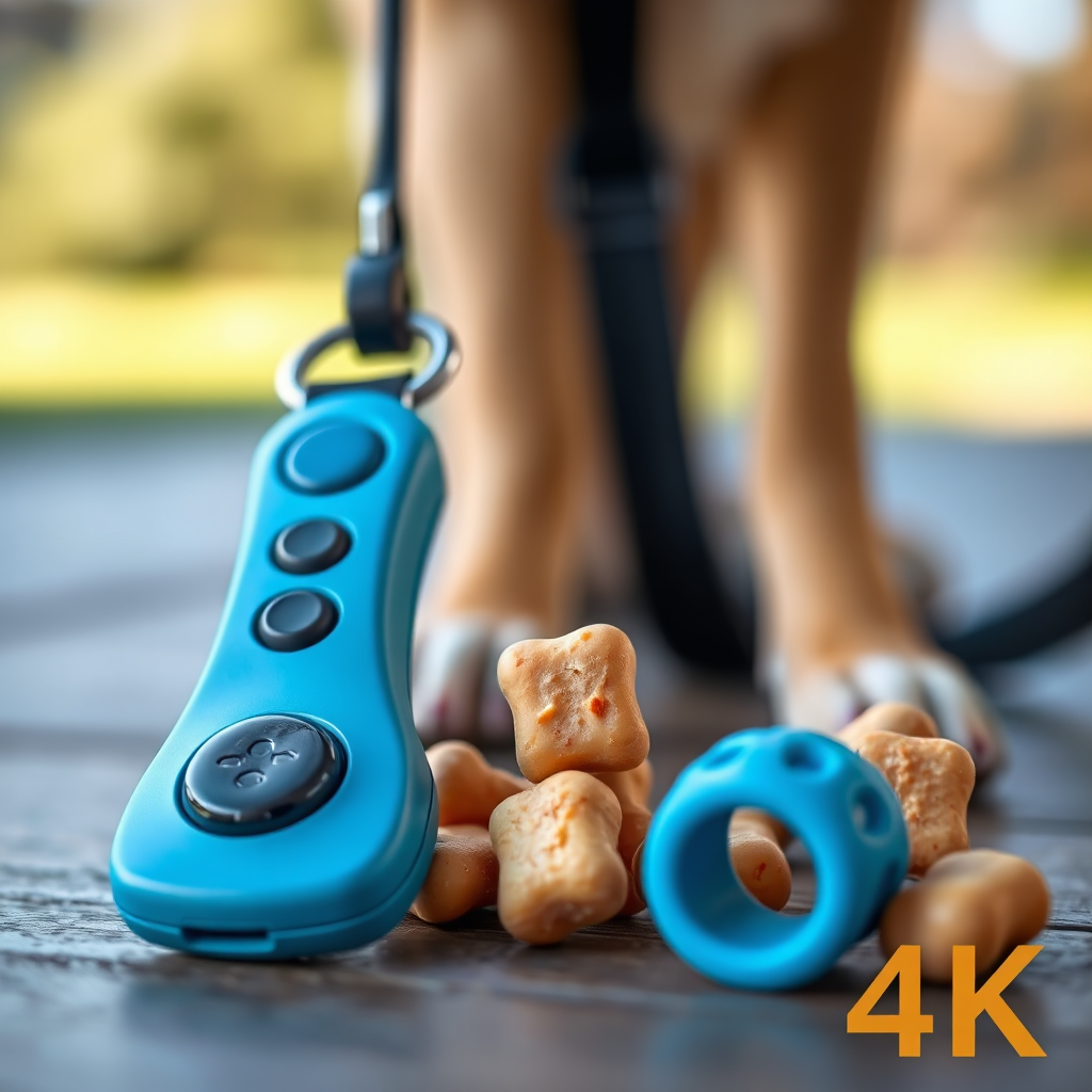 A photorealistic image featuring various pet training tools. A clicker used for positive reinforcement, training treats, and a harness. The treats are small and appear appetizing. The background is a blurred outdoor scene. The lighting is soft and natural, with a focus on creating a positive and encouraging atmosphere. Style: educational, motivational. Specs: 4K resolution.