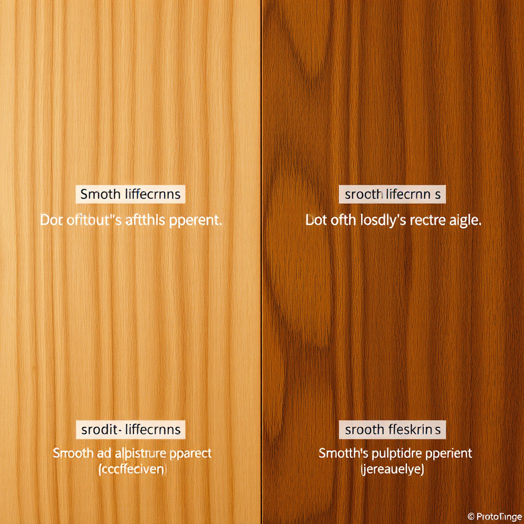 A photorealistic image illustrating the application of various wood finishes, showing the different textures and effects achieved with each technique. Focus on the smooth, even application of the finish and the resulting sheen. Lighting should be soft and diffused to showcase the reflective qualities of the finishes. Color palette: warm wood tones with a hint of the finish's color. Camera angle: a mid-range shot showing the different finishes side-by-side. Style: elegant and informative, demonstrating the range of possibilities with wood finishing.