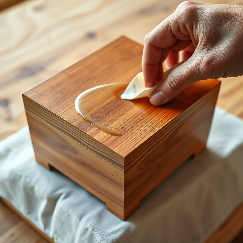  A photorealistic image illustrating the process of applying a wood finish to a completed wooden object, perhaps a small table or box. Focus on the smooth, even application of the finish and the resulting sheen. Lighting should be soft and diffused to showcase the reflective qualities of the finish. Color palette: warm wood tones with a hint of the finish's color. Camera angle: a mid-range shot showing the object and the hand applying the finish. Style: elegant and refined, emphasizing the transformative power of a good finish.