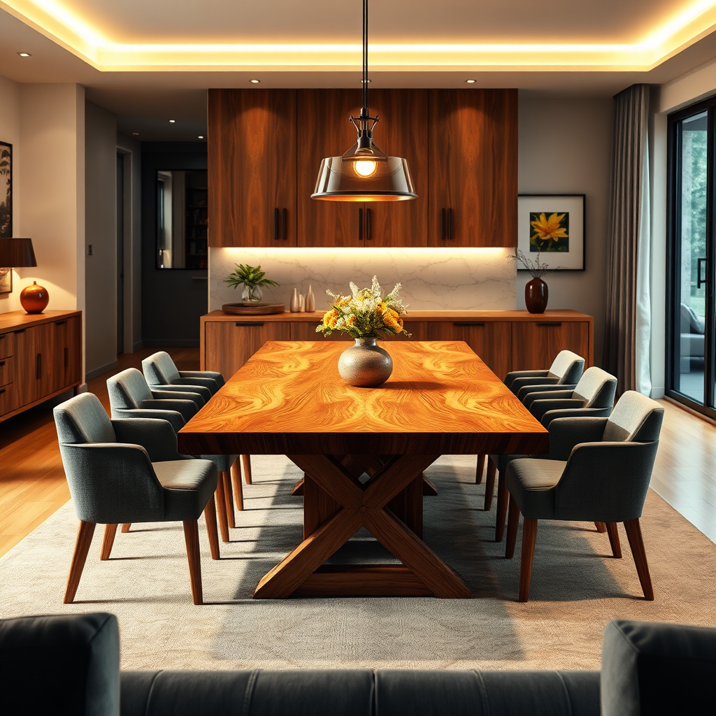 A photorealistic image of a beautifully crafted custom-designed wooden dining table in a modern home setting. The table should be the centerpiece of the room, showcasing its unique design and high-quality craftsmanship. Warm, inviting lighting to create a cozy atmosphere. Color palette: rich wood tones complemented by the colors of the surrounding furniture. Camera angle: a medium shot emphasizing the table and its surroundings. Style: elegant and sophisticated, showcasing the possibilities of custom furniture design.