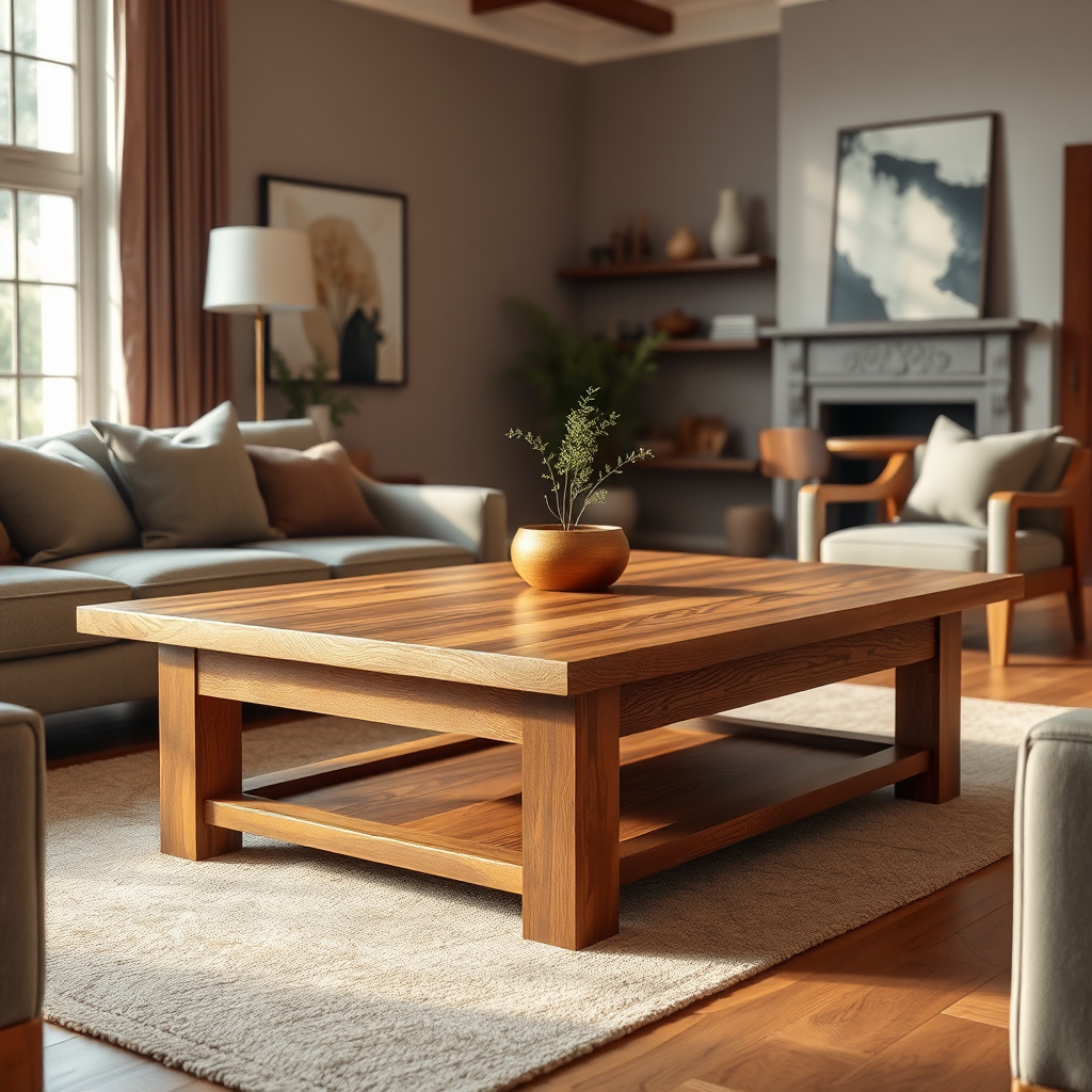 A photorealistic image of a beautifully crafted wooden coffee table, showcasing its elegant design and smooth finish. The coffee table should be placed in a modern living room setting. Warm, inviting lighting to create a cozy atmosphere. Color palette: rich wood tones complemented by the colors of the surrounding furniture. Camera angle: a medium shot emphasizing the coffee table and its surroundings. Style: sophisticated and aspirational, inspiring intermediate woodworkers to elevate their skills.