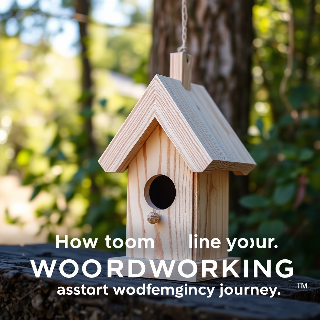 A photorealistic image of a completed, charming birdhouse made of wood, placed in a natural outdoor setting. Soft, natural lighting to highlight the details of the birdhouse and its surroundings. Composition should be inviting and cheerful. Color palette: natural wood tones with pops of color from the surrounding foliage. Camera angle: a slightly low angle to emphasize the birdhouse against the background. Style: whimsical and approachable, encouraging beginners to start their woodworking journey.