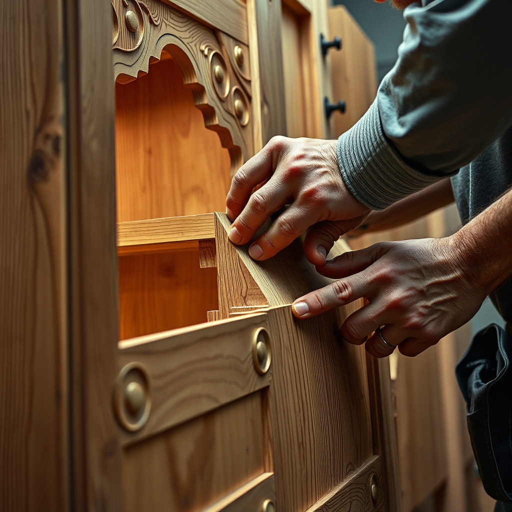 A photorealistic image of a craftsman meticulously working on an intricate cabinet, showcasing the complex joinery and precision required. Focus on the detail of the cabinet's construction and the craftsman's skill. Lighting should be focused and directional to highlight the three-dimensional aspect. Color palette: natural wood tones with contrasting shadows. Camera angle: a close-up shot emphasizing the hands and the cabinet construction. Style: technical and impressive, demonstrating the mastery involved in advanced woodworking.