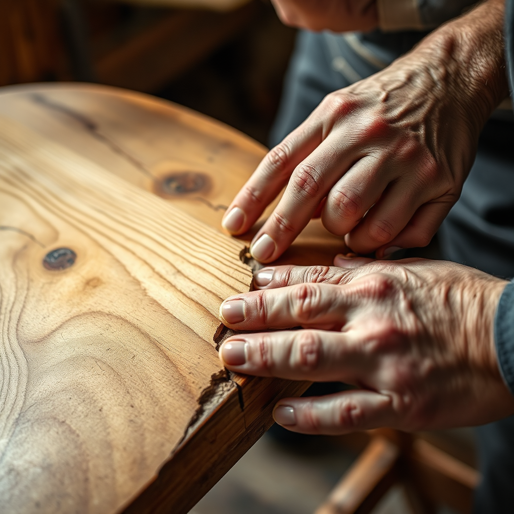A photorealistic image of a craftsman meticulously repairing a damaged antique wooden chair. Focus on the detail of the repair work and the craftsman's skill. Lighting should be focused and directional to highlight the area being repaired. Color palette: natural wood tones with contrasting shadows. Camera angle: a close-up shot emphasizing the hands and the repair process. Style: detailed and skillful, demonstrating the expertise involved in woodworking repairs.