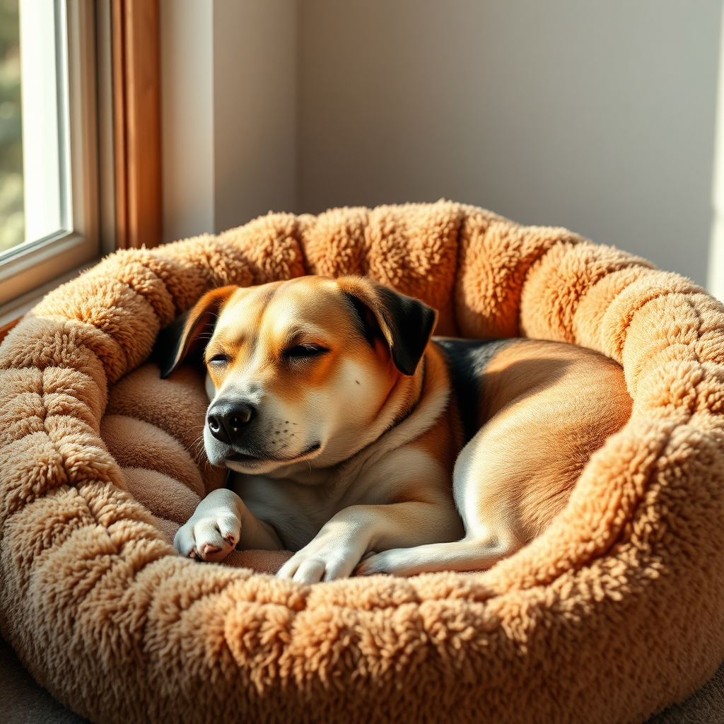 A photorealistic image of a dog comfortably resting in a plush, inviting dog bed. The dog is relaxed and content, with its eyes closed or half-closed. The bed is positioned in a cozy corner of a well-lit room, with soft, diffused lighting. The color palette should be warm and inviting, with earth tones and soft textures. The camera angle should be a medium shot, capturing the dog's peaceful expression and the overall sense of comfort. Style: Warm and inviting pet photography. Props: plush blankets, pillows. Technical specs: 4K resolution, natural lighting.
