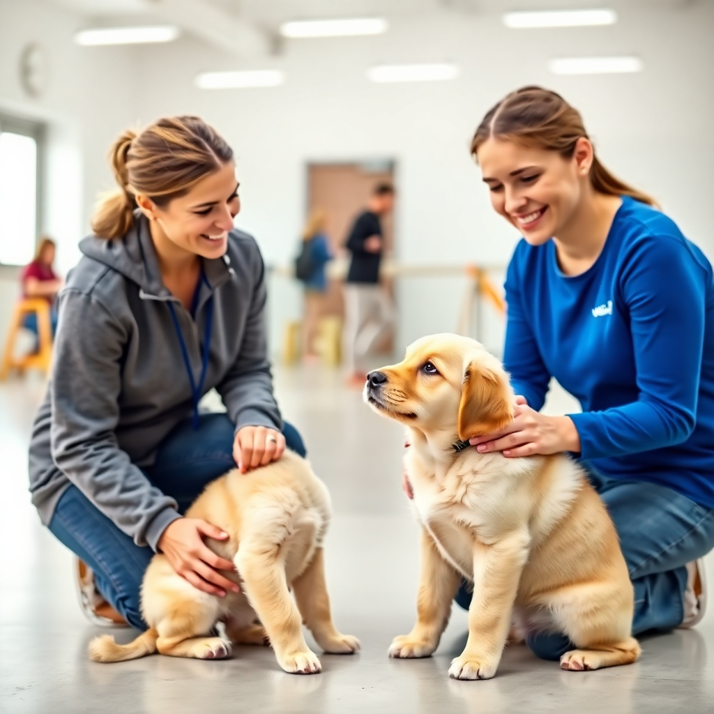 A photorealistic image of a dog trainer kneeling down, eye-to-eye with a Golden Retriever puppy in a bright, modern training facility. The trainer is smiling warmly, and the puppy is looking up attentively. The background should be slightly blurred, showing other dogs and owners engaged in training exercises. Soft, natural lighting. Color palette: Warm and inviting, with pops of color from training equipment. Camera angle: Medium shot, focusing on the interaction between the trainer and the puppy. Texture details should be visible in the puppy's fur and the trainer's clothing. Style: Emphasize approachability and positive reinforcement. 4K resolution, high quality.