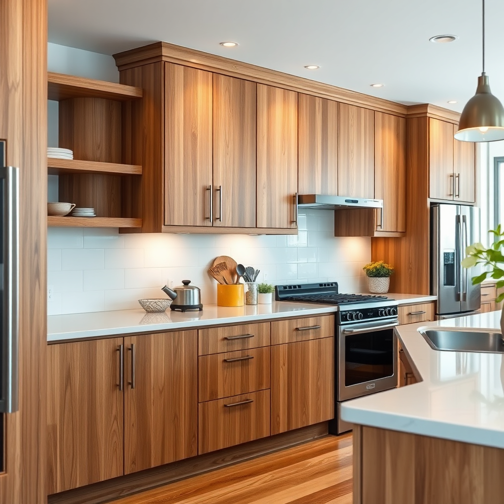 A photorealistic image of a modern kitchen with custom-built wooden cabinets. The cabinets should be sleek and stylish, showcasing their functionality and design. Soft, natural lighting to highlight the details of the cabinets and the surrounding kitchen. Color palette: natural wood tones complemented by the colors of the kitchen appliances and décor. Camera angle: a wide shot capturing the entire kitchen scene. Style: contemporary and functional, showcasing the possibilities of custom cabinetry.