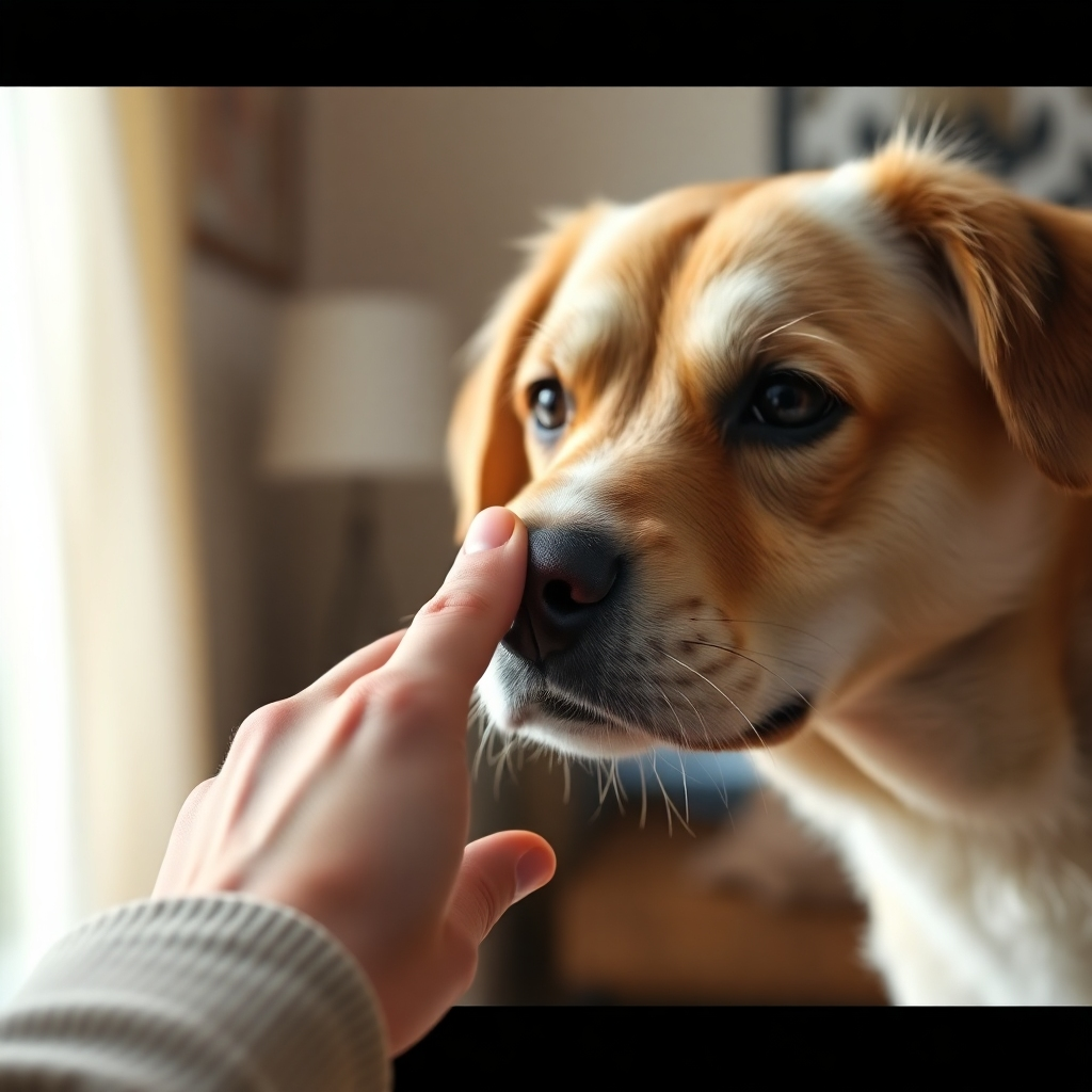  A photorealistic image of a person gently touching a dog's nose, with focus on their eyes making contact. Soft, diffused lighting. Background shows a warm living room setting. Camera angle: Close up, emphasizing the connection. Capture texture of fur and skin. Style: Emphasize empathy and understanding, 4K resolution, high quality.
