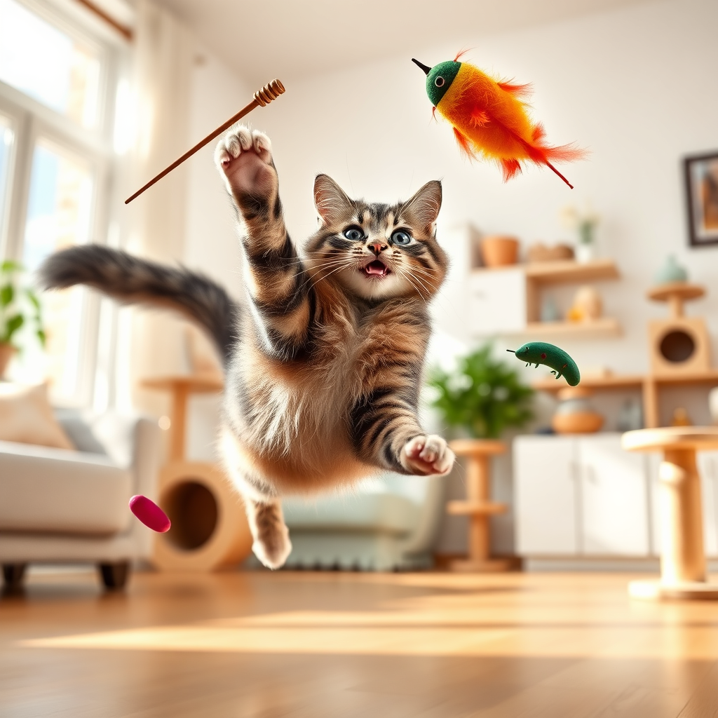  A photorealistic image of a playful cat interacting with a variety of toys (feather wand, laser pointer, catnip mouse). The cat is shown in mid-air, leaping and swatting at the toys with enthusiasm. The background is a bright and airy living room, with natural lighting and a sense of movement. The color palette should be vibrant and playful, with pops of color from the toys. The camera angle should be a dynamic action shot, capturing the cat's agility and energy. Style: Action pet photography. Props: cat tree, scratching post. Technical specs: 4K resolution, high-speed photography, natural lighting.