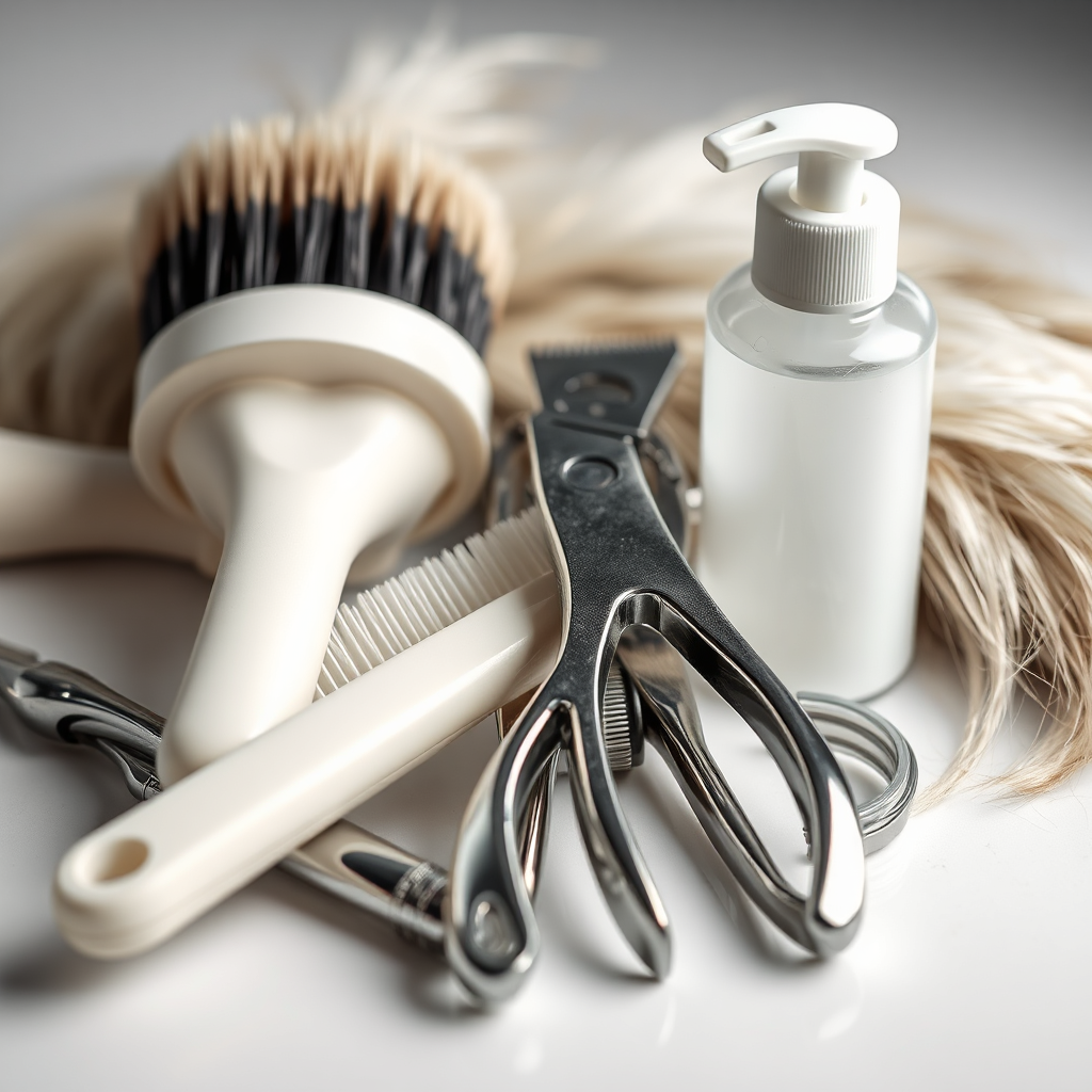 A photorealistic image of various grooming tools (brush, comb, nail clippers, shampoo bottle) neatly arranged on a clean surface. The focus should be on the textures and materials of the tools, highlighting their quality and functionality. The color palette should be clean and fresh, with white and silver tones dominating. The lighting should be bright and even, emphasizing the details. Background elements include subtle hints of pet fur or hair. Style: Clean, professional product photography. Technical specs: 4K resolution, macro lens, studio lighting.