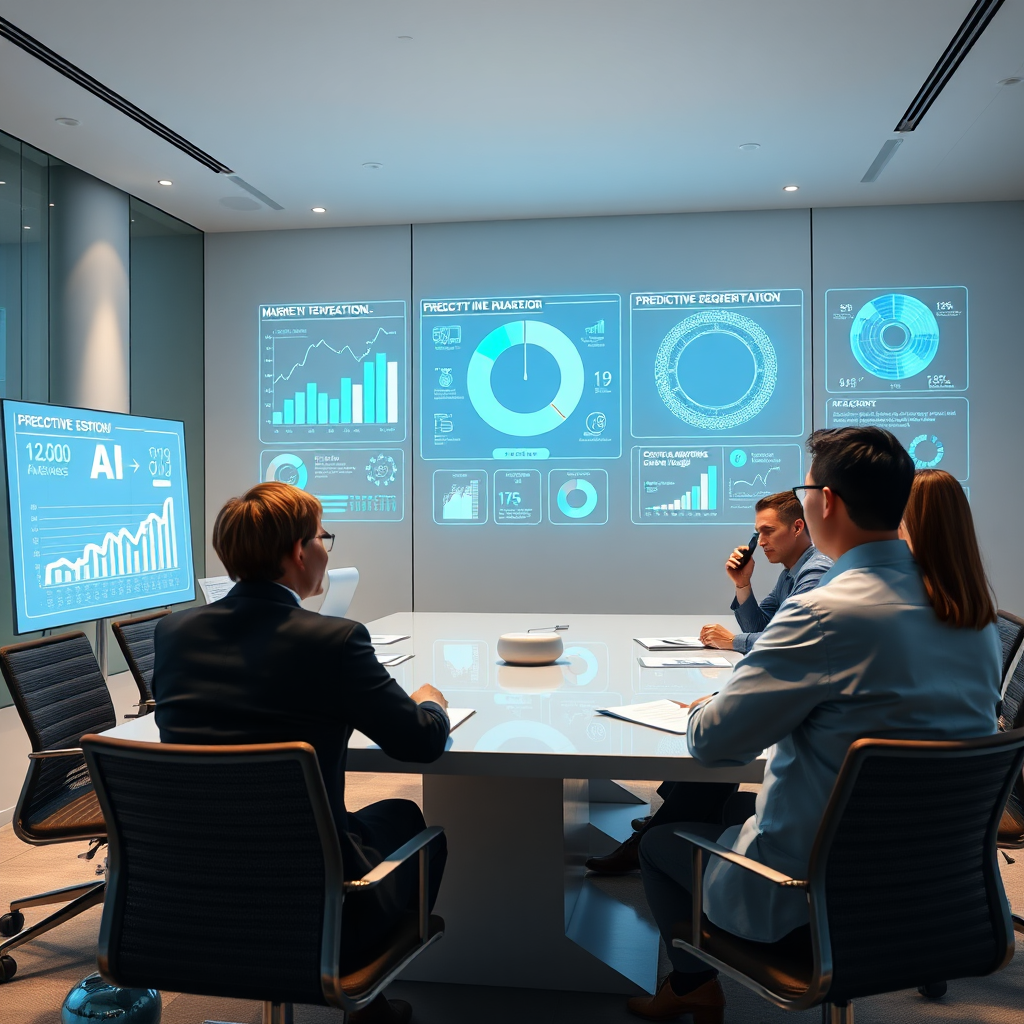 A photorealistic image showcasing a strategic planning session empowered by AI. The setting is a modern boardroom with holographic projections displaying market trends, customer segmentation, and predictive analytics. Marketing executives are engaged in discussions, utilizing AI-generated insights to formulate robust marketing strategies. Lighting is bright, highlighting the collaborative environment. The color palette is dominated by blues, greens, and whites, symbolizing data-driven decisions. Technical specifications: 4K resolution, high quality.