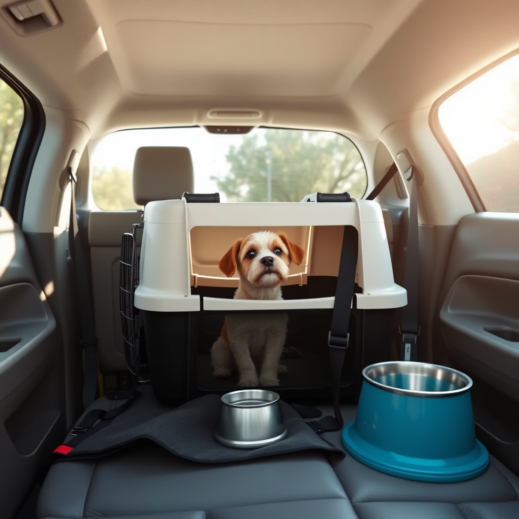 A photorealistic image showcasing a pet carrier placed securely in the backseat of a car, alongside a travel water bowl and a pet seat belt. A small dog is visible inside the carrier, looking out comfortably. The car interior is clean and modern. The lighting is natural, with sunlight streaming through the window. The color palette is neutral and calming, focusing on safety and comfort. Style: lifestyle, practical, safety-focused. Specs: 4K resolution.